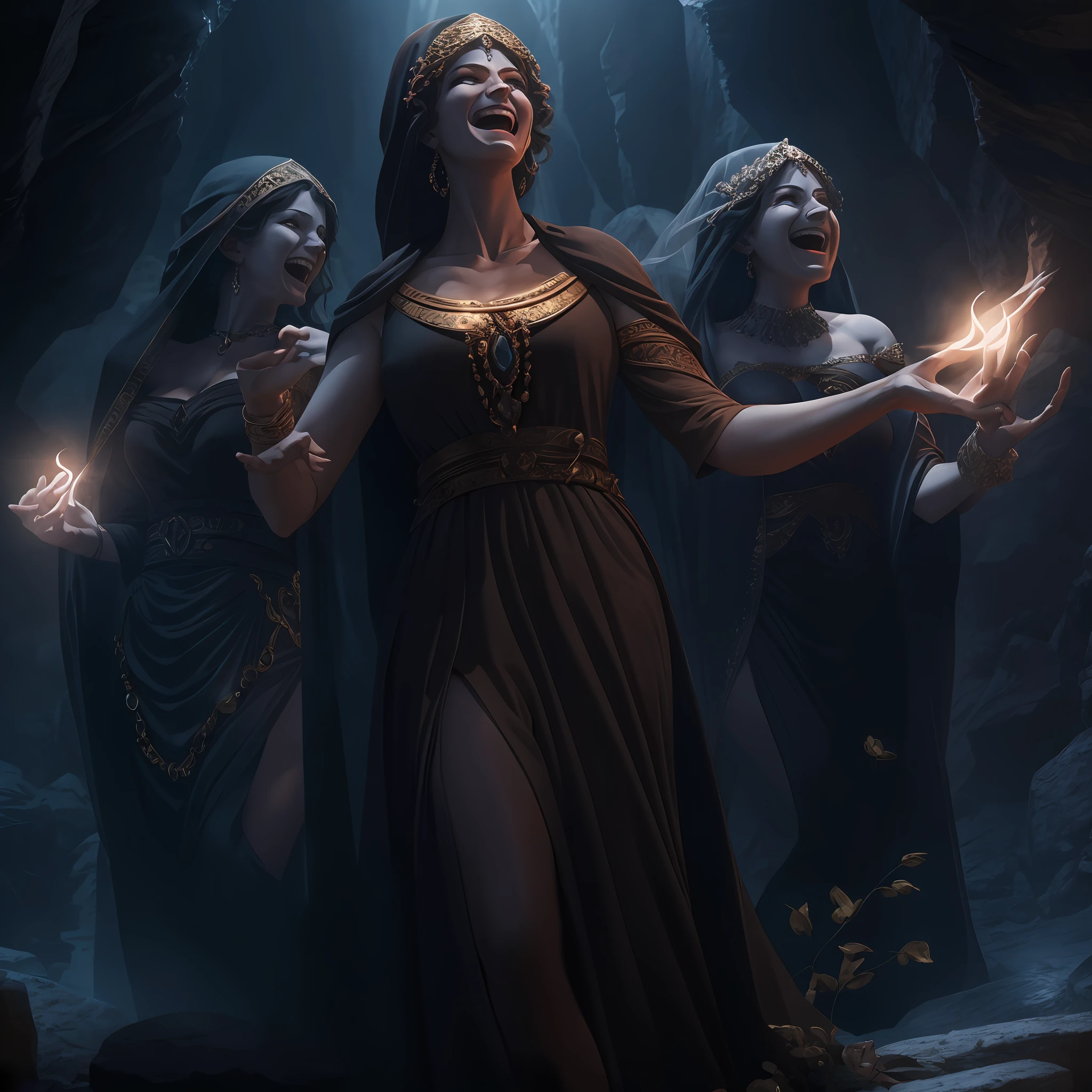 3 greek goddess of fate, pale skinned, in dark robe and veil, laughing eerily, dark and stony cavern, fountain of night, Greek Mythology, ominous atmosphere, description of ultrra-accurate hands, photorealistic, super detail, masterpiece, best quality, highres, 8k