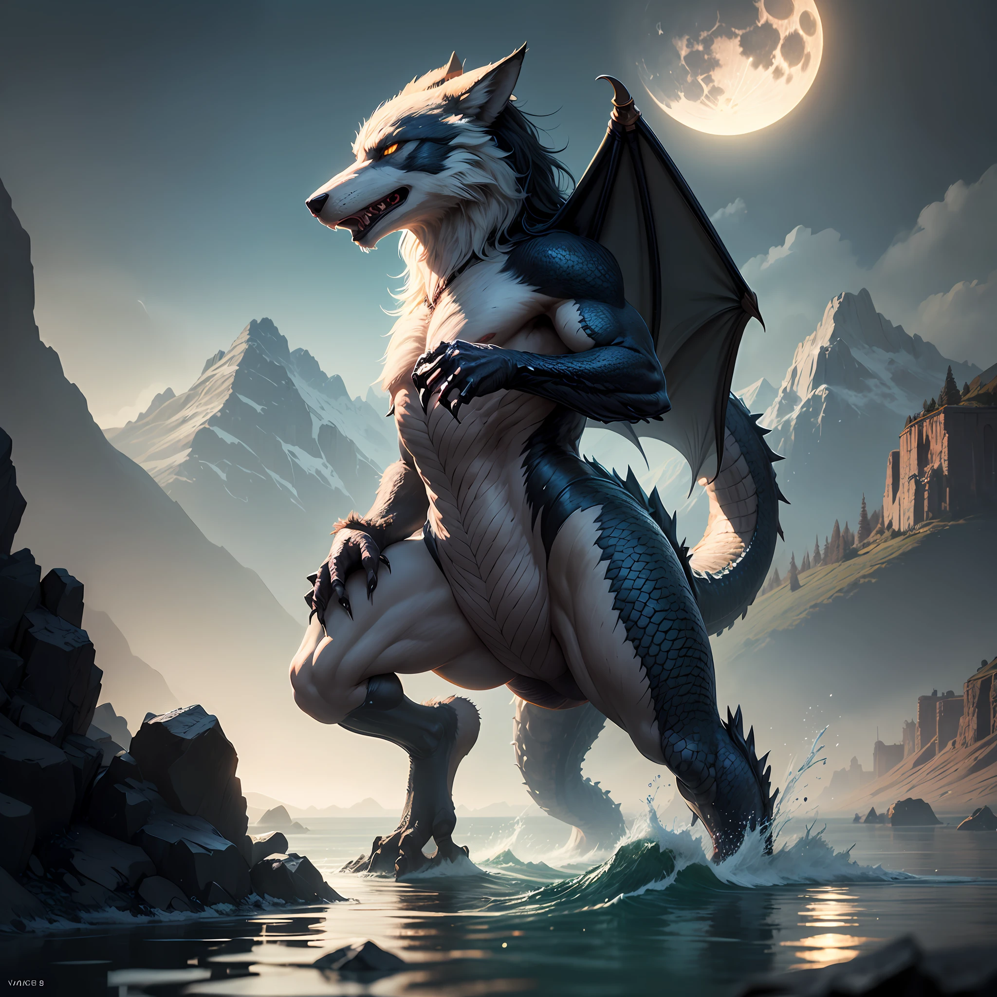 Mountains and lakes with the moon in the sky,Highly detailed digital art in 4K,4K HD wallpapers very detailed,impressive fantasy landscape,Sci-fi fantasy desktop wallpaper,Unreal Engine 4K wallpapers,4K detailed digital art,Sci-fi fantasy wallpaper,Epic dreamy fantasy landscape,4k hd matte digital painting,8K stunning artwork,half wolf, The half-dragon stands on its hind legs in the water,Sideways photo,There are extra-long dragon tails。There are vertical scales on the back。The eyes are fierce。Has big furry ears。The villain is handsome,Strong and powerful, Dramatic cinematic details fur, hyper realistic fur, highly realistic photograph, cinematic full body shot, cinematic full shot, guardian of the holy lake, adventure hyper realistic render, volumetric fur, ultra-realistic picture, Make a gesture of majesty, hyperreal rendering,A combination of mythical creatures, Wolf and dragon --auto