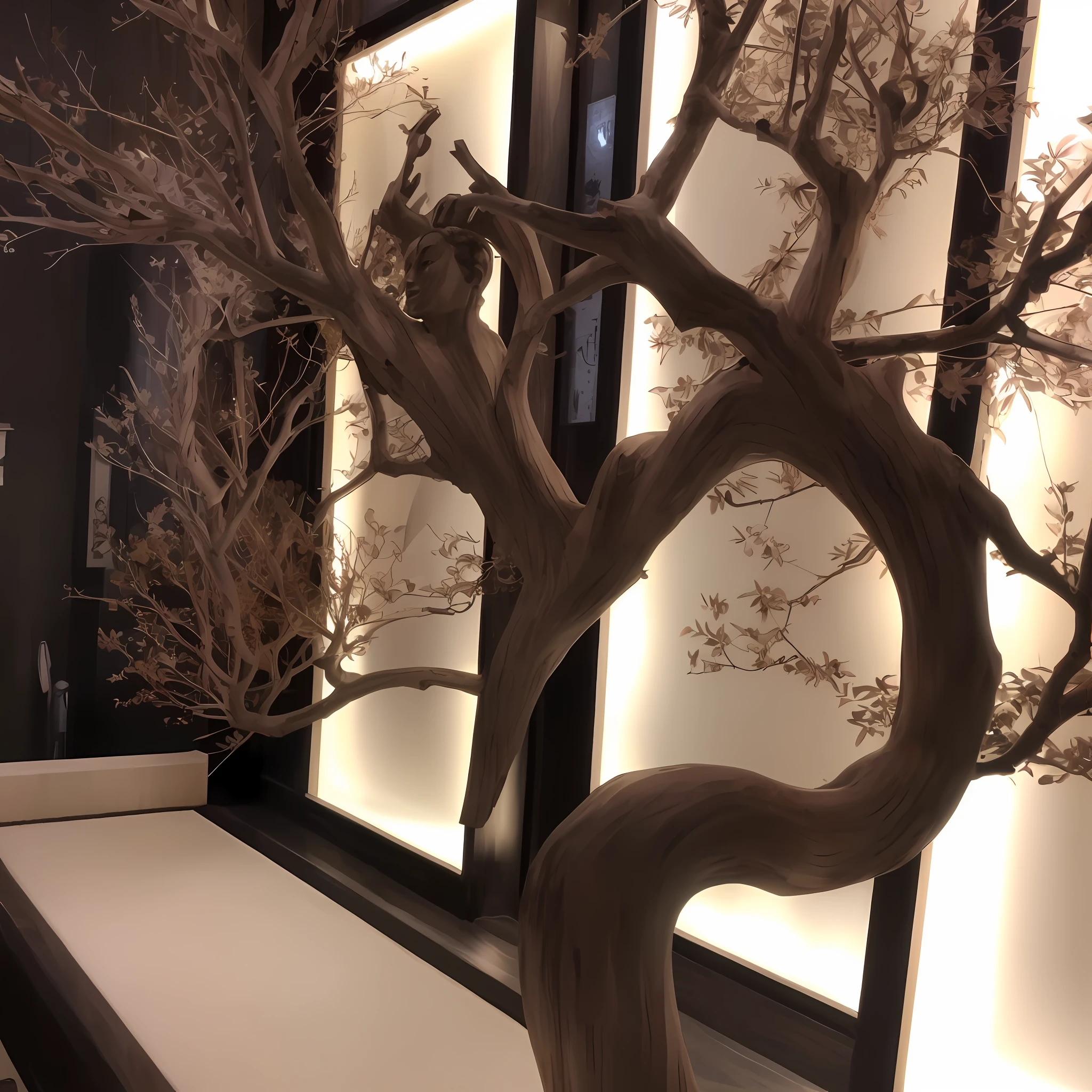 There is a big tree，wooden decoration, high-end onsen, carved wood, wooden statue, Chinese style, sculpture made of wood, Japanese style