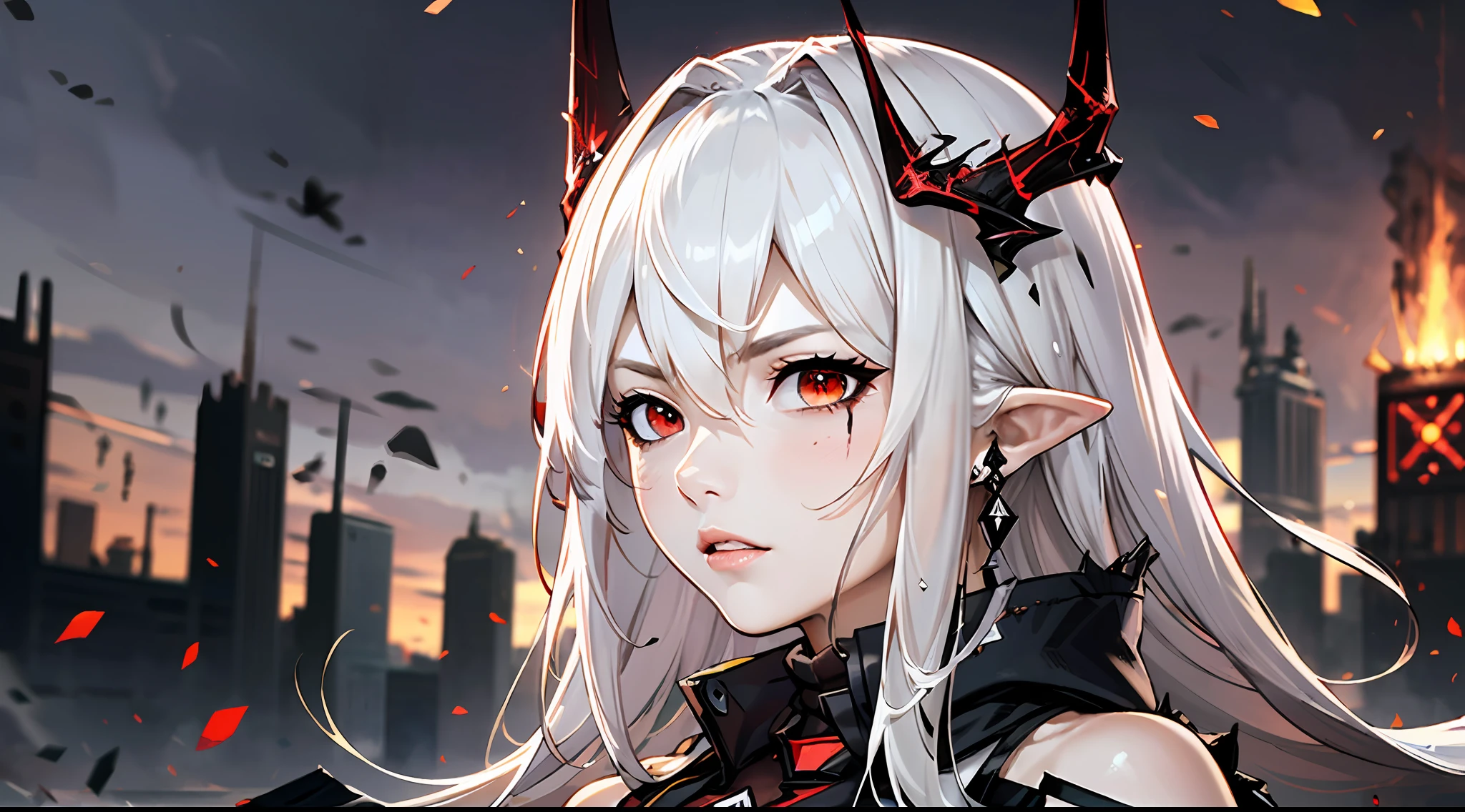 (floating and spread hair:1.2), (detailed and delicate and flexible eyes),(1girl,arm, oripathy lesion (arknights),splash ink,angry,shout,:1.2),mudrock (arknights), white hair,red eyes, solo,hair ornament, pointy ears,oripathy lesion (arknights), infection monitor (arknights),black horns, (corrpution,cowboyshot:1.15), kda, fov,f/1.8, side lighting, sunlight on people (masterpiece, best quality, Ultra Detail, wallpaper, detailed shiny skin, flawless, 8k, RAW, highres,absurdres,:1.3), (detailed super oily shiny skin:1.1),[wet:0.8|mucus], colorful, power scene,(imid shot:0.95), (Dynamic angle, upper body,Battlefield, artillery fire, ruins, ashes, dark lightning effects and Flame particle effect),Injuries, abrasions, blood