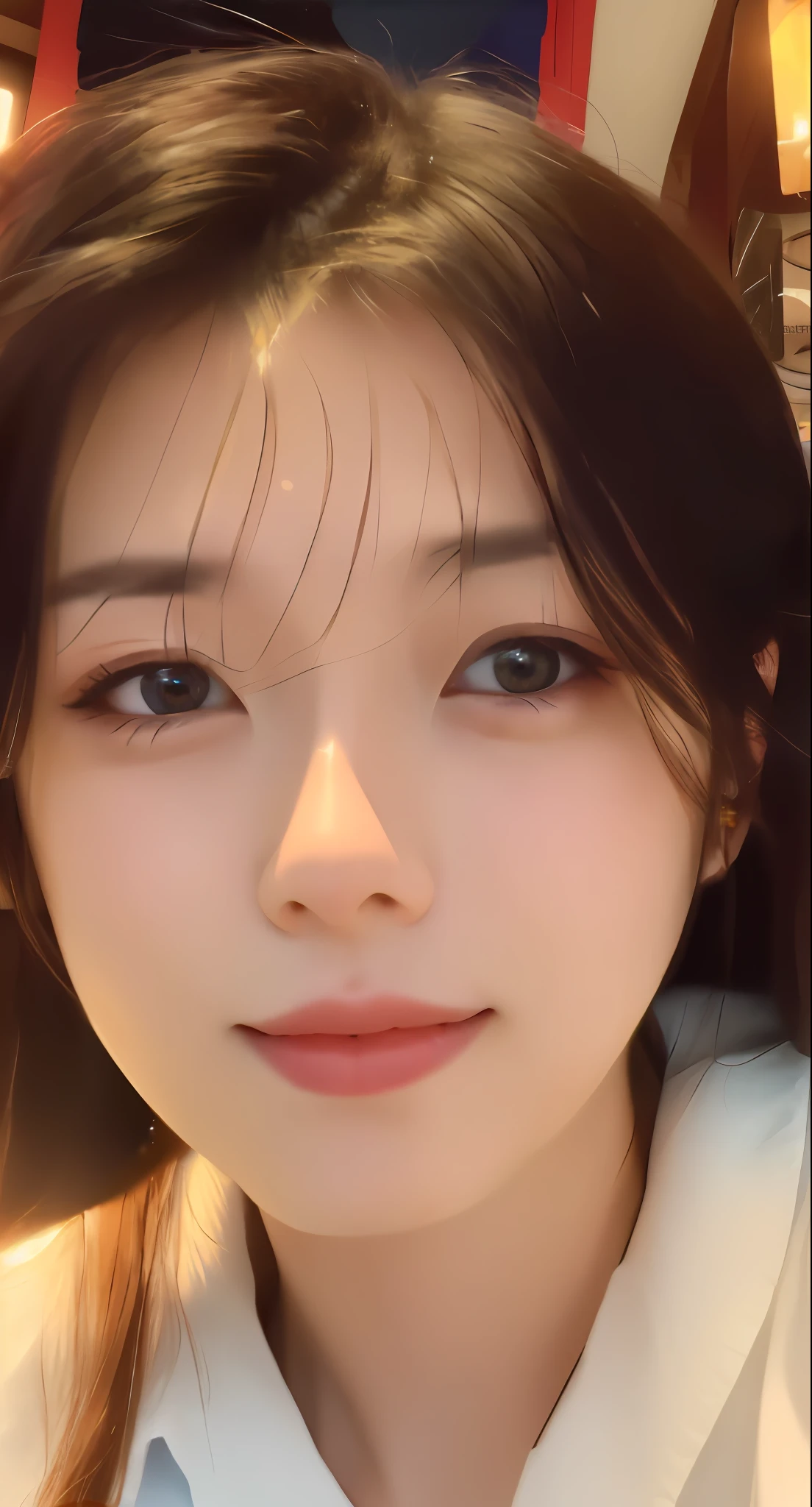 a close up of a woman with long hair wearing a white shirt, an adorable korean face, young adorable korean face, kawaii realistic portrait, with cute doting eyes, a beautiful aesthetic face, a portrait jisoo blackpink, realistic. cheng yi, realistic beautiful face, lovely delicate face, beautiful realistic face, 8k selfie photograph, [ 4 k photorealism ]!!