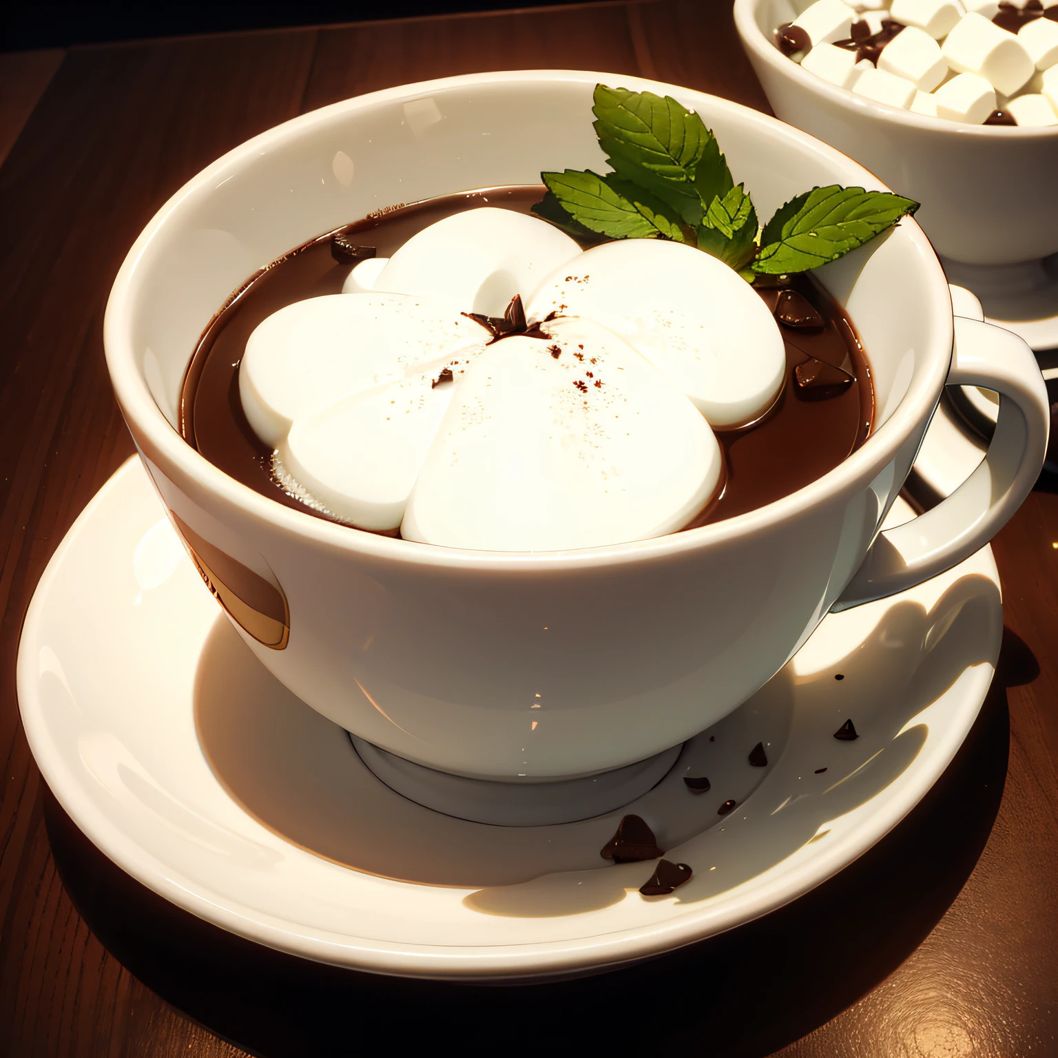 In a large transparent vessel、I put hot chocolate in it.。I put cookies and marshmallows and mint tea。