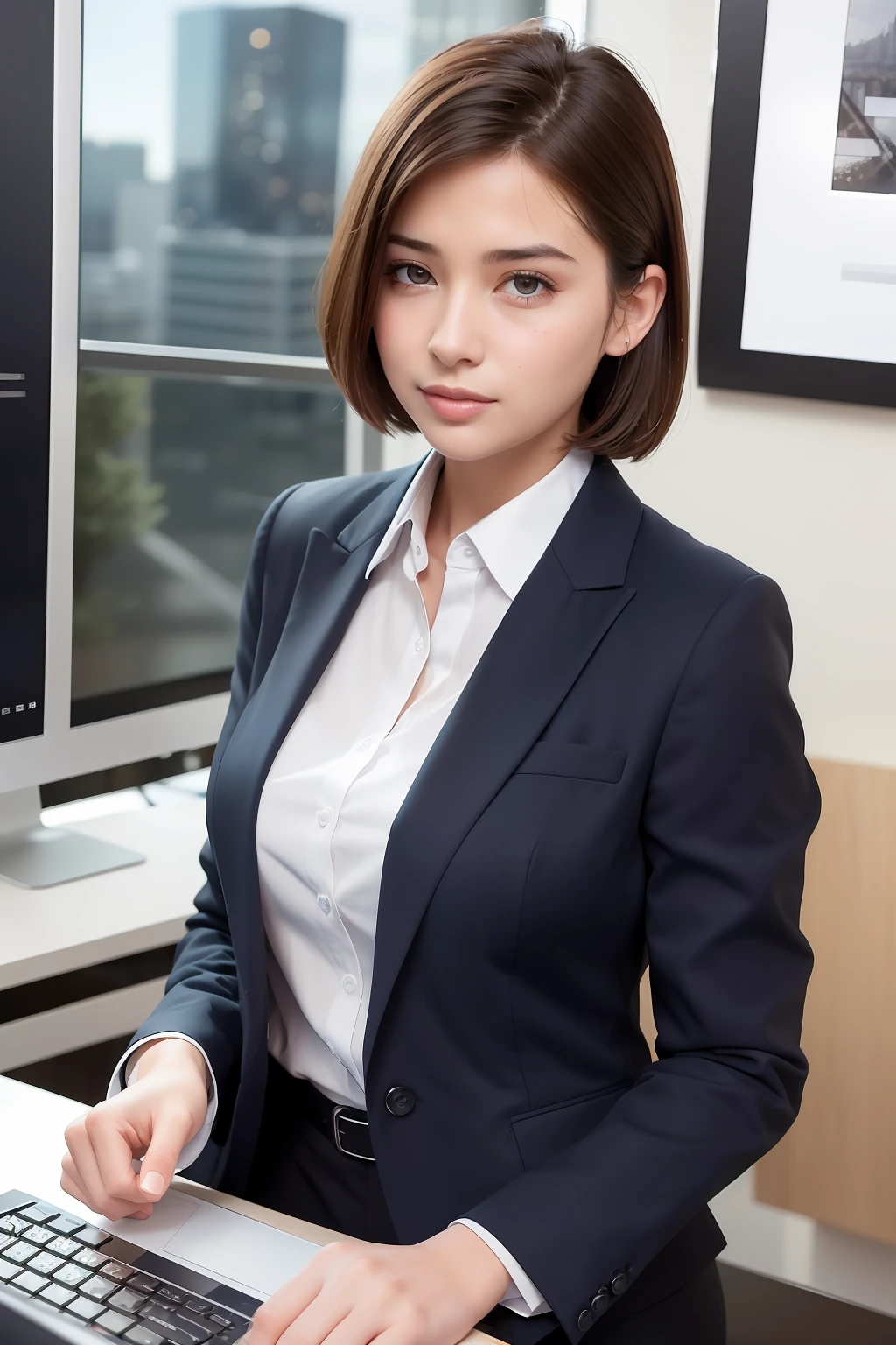 (8k, best quality, masterpiece:1.2), (realistic, photo-realistic:1.37), ultra-detailed, 1 girl,cute, solo,beautiful detailed sky,detailed office,night,sitting,(nose blush),(smile:1.15),(closed mouth) , medium breasts,beautiful detailed eyes,(collared shirt:1.1), night, wet,business attire, rain, (short hair:1.2), pureerosface_v1, computer, detail finger, beautiful detailed face,