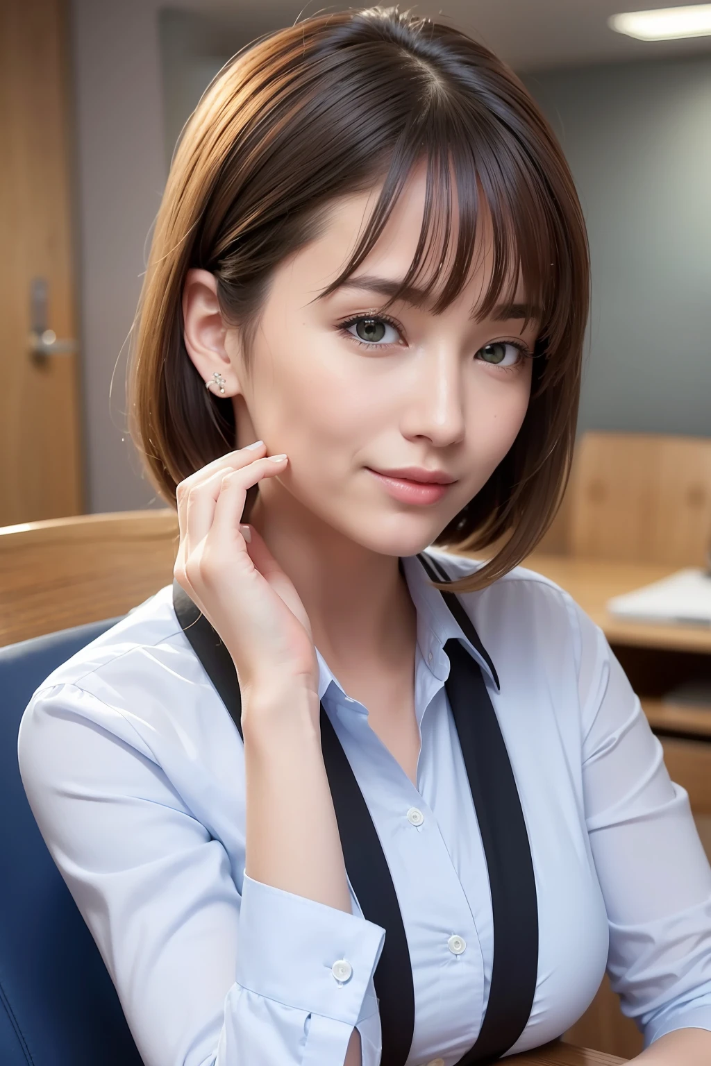 (8k, best quality, masterpiece:1.2), (realistic, photo-realistic:1.37), ultra-detailed, 1 girl,cute, solo,beautiful detailed sky,detailed office,night,sitting,(nose blush),(smile:1.15),(closed mouth) , medium breasts,beautiful detailed eyes,(collared shirt:1.1), night, wet,business attire, rain, (short hair:1.2), pureerosface_v1, computer, detail finger, beautiful detailed face,