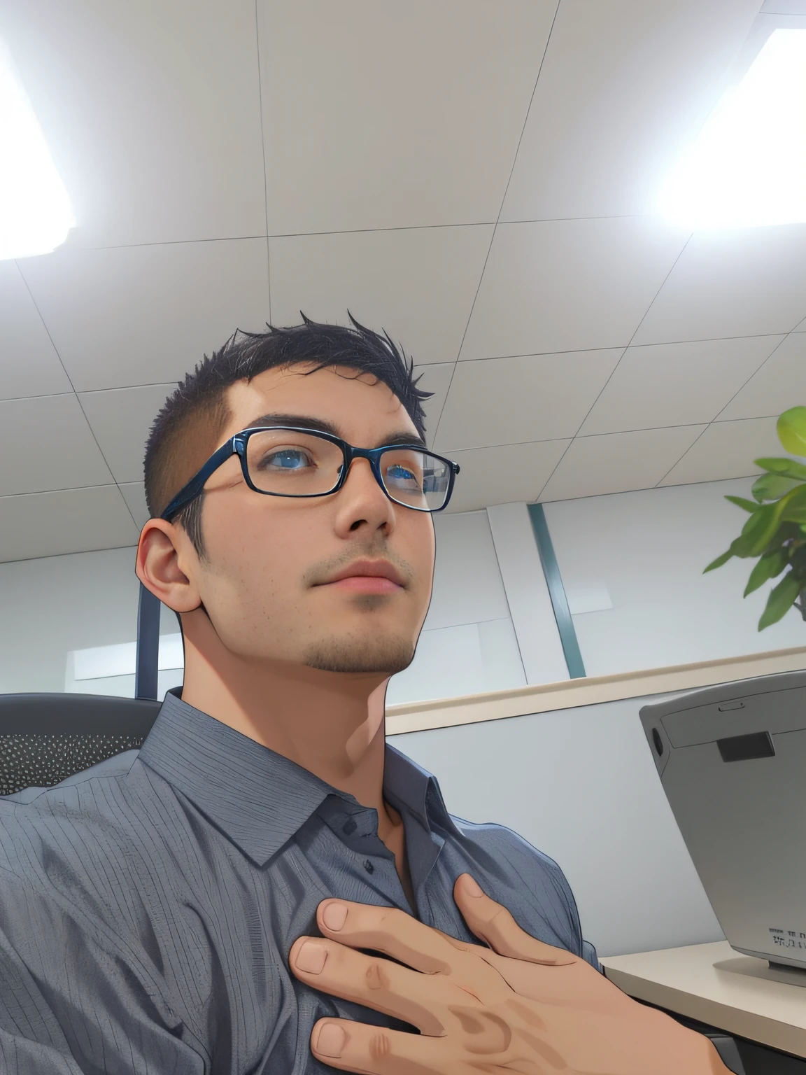 There was a man standing in the office，Hands on the , sharp looking eyes、Manhwa Style