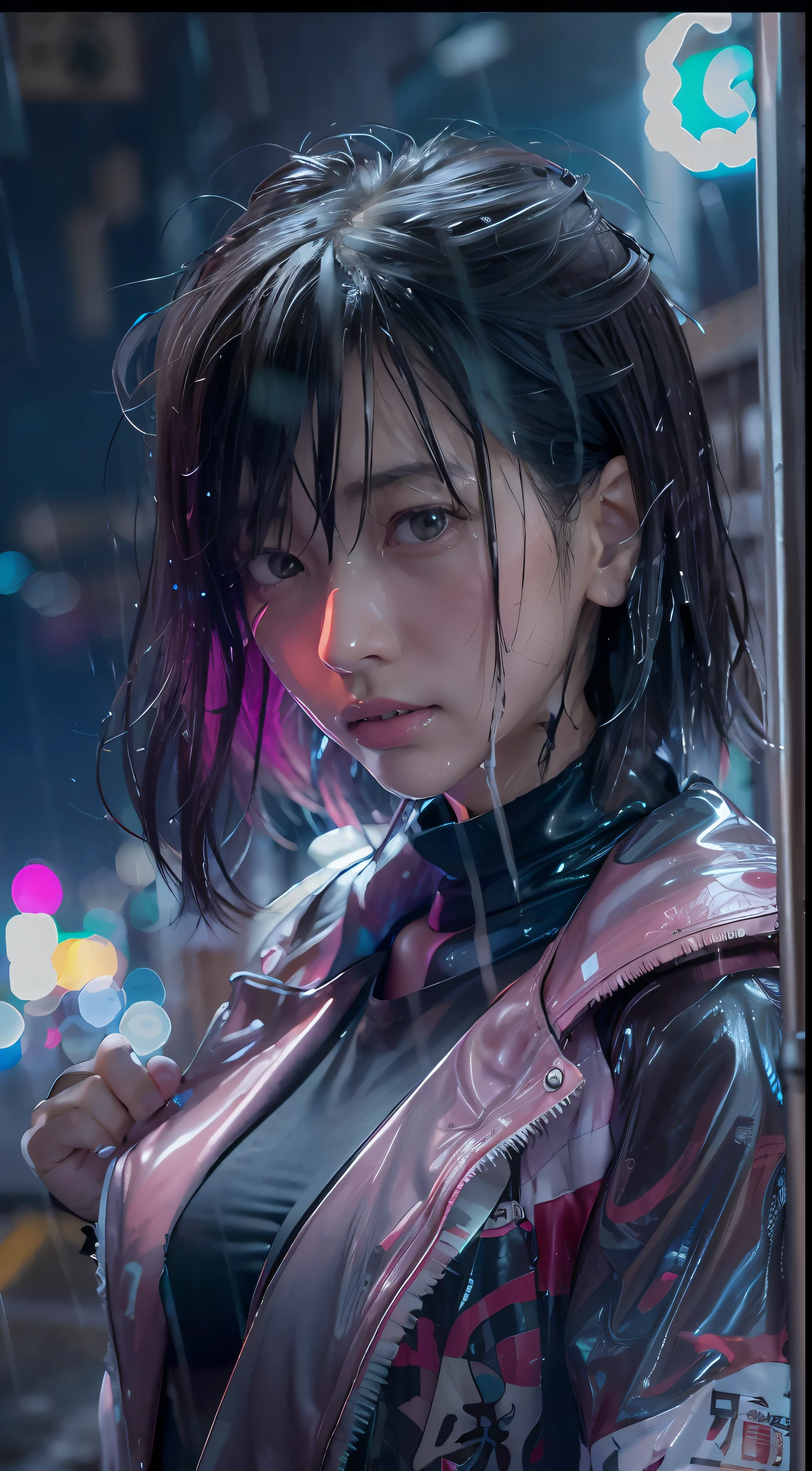 Tokyo street,night,rain,wet,cityscape,night,cyberpunk city,neon light,1girl,close-up,upper body,, 8k, RAW photo, best quality, masterpiece,realistic, photo-realistic,