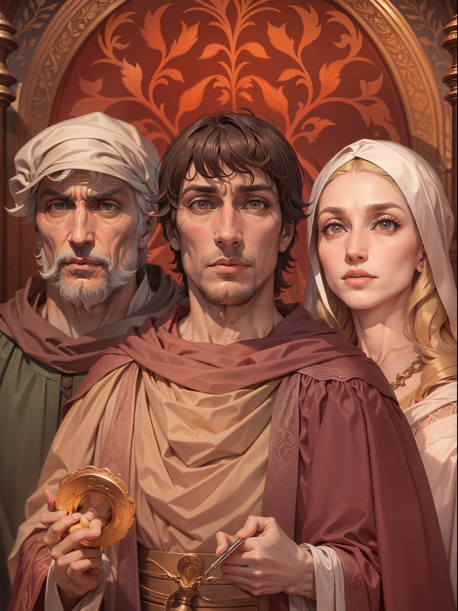 Dante Alighieri (homem), Virgil (homem) e Beatriz (mulher), three characters from The Divine Comedy, Illustration in William's style, cena muito bonita, 4k, detalhista.
