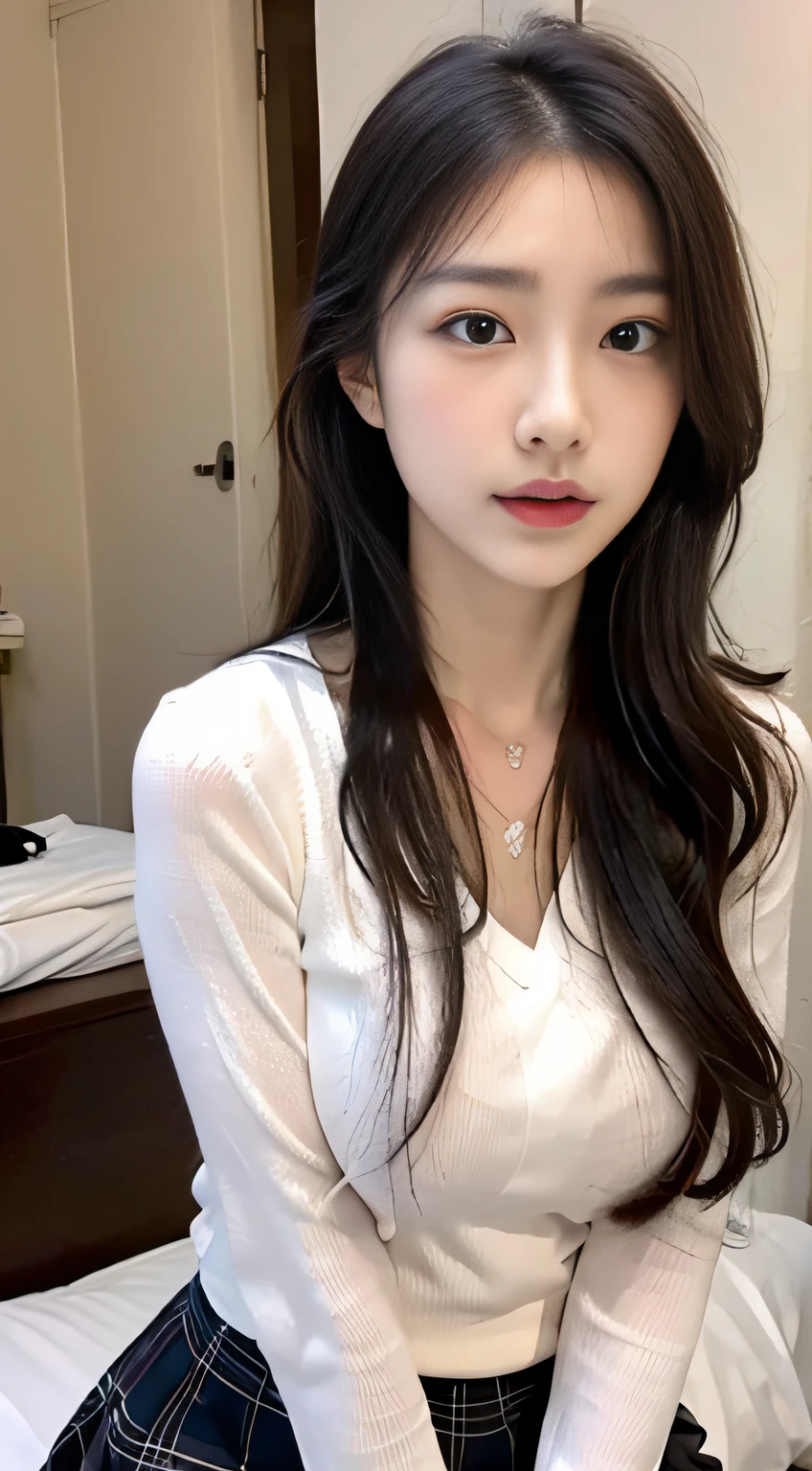 ((top-quality,8K,tmasterpiece:1.3)),Beautuful Women,Hide your face,1个Giant Breast Girl,full bodyesbian,big breasts beautiful:1.3,Slender abs:1.1,White shirt,The kinky is exposed,full,longblackhair,(sitting on his knees on the bed),legs separated,Plaid miniskirt,Japanese high school uniform,Super detailed face,Highly detailed lips,Detailed eyes,二重まぶた,Strict head and body ratios:1.5,