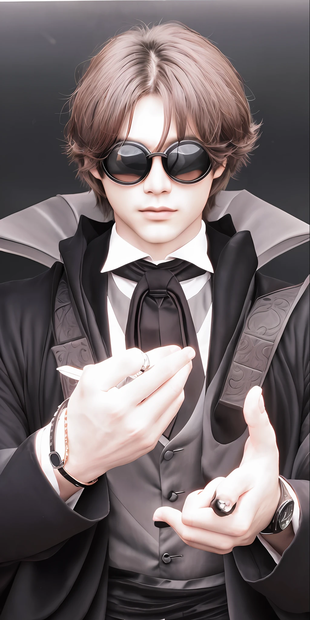 image of a man in a suit and sunglasses holding a watch, ((wearing aristocrat robe)), wearing a black noble suit, inspired by Okumura Masanobu, wearing victorian dark goggles, handsome pose, handsome prince, delicate androgynous prince, handsome man, he is greeting you warmly, beautiful androgynous prince, realistic, ultra detail