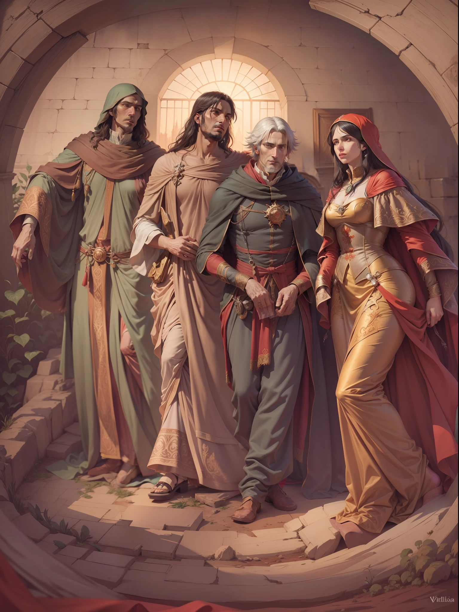 Dante Alighieri (homem), Virgil (homem) e Beatriz (mulher), three characters from The Divine Comedy, Illustration in William's style, cena muito bonita, 4k, detalhista.
