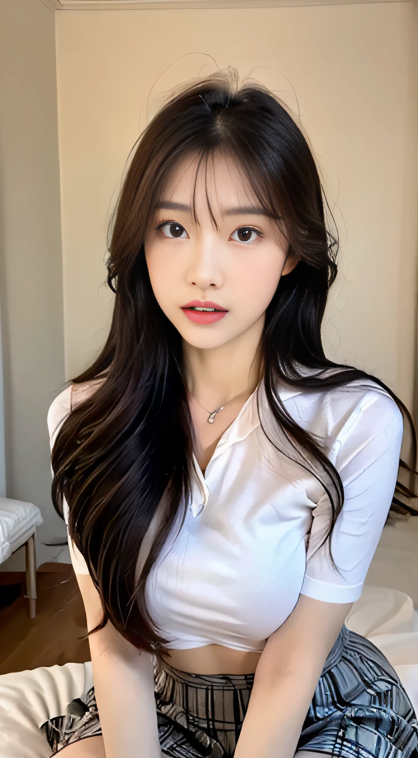 （（top-quality，8K，tmasterpiece：1.3）），Beautuful Women，Hide your face，1个Giant Breast Girl，full bodyesbian，big breasts beautiful：1.3，Slender abs：1.1，White shirt，The kinky is exposed，full，longblackhair，（sitting on his knees on the bed），legs separated，Plaid miniskirt，Japanese high school uniform，Super detailed face，Highly detailed lips，Detailed eyes，二重まぶた，Strict head and body ratios：1.5，