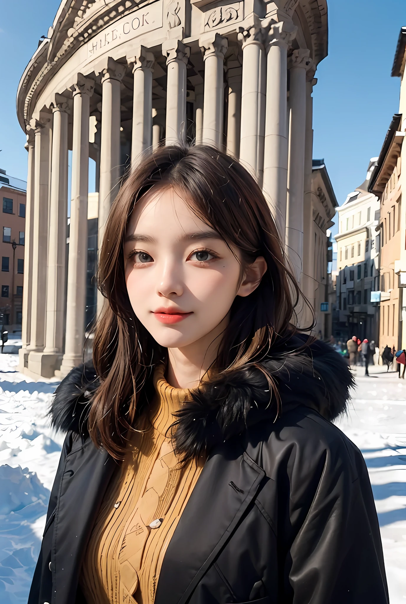 (Photo: 1.2), winter,snowy,(Outdoor: 1.3), (Scenic Sites: 1.3), (Long Wave Hair: 1.4), Happy, (Fashionable Dress), Dynamic Pose, (Upper Body Photo), (Natural Daylight), Face Light