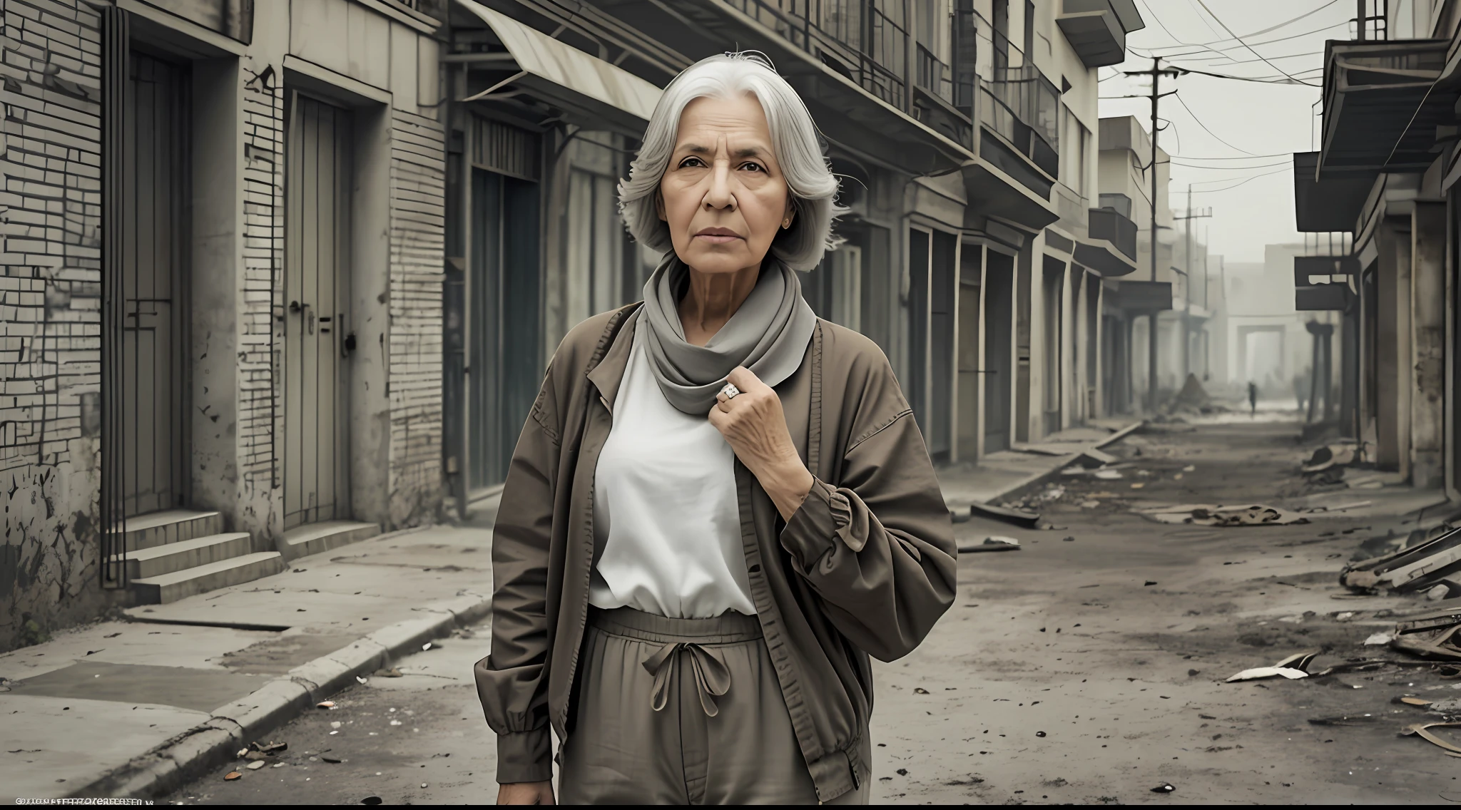 foto realista, Anciana, abuela, ciego, Ojos blanquecinos, cicatriz de quemadura en los ojos, Cabello gris liso ondulado, piel clara, pantalones negros, brown shirt, abrigo gris, bufanda en el cuello, Post-apocalyptic scenario, ambiente desolado.