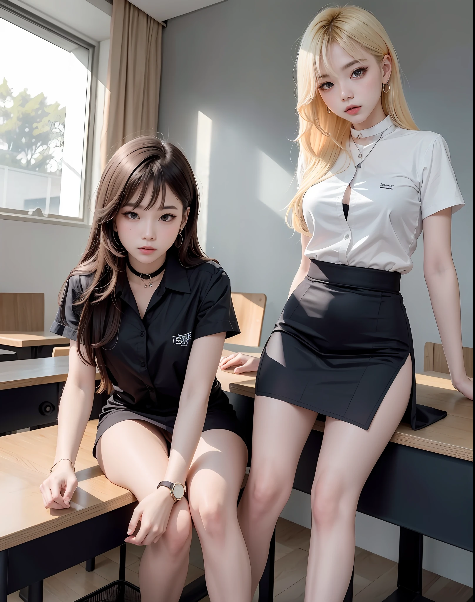 absurderes, 1girll, Be red in the face, (Realistis:1.5), (tmasterpiece, the Extremely Detailed CG Unity 8K Wallpapers, best qualtiy, A high resolution:1.2), (ultra_detailed, UHD:1.2), lighting perfect, distinctive, (1girll:1.4), looking at viewert, unreal-engine, Sideslit, s the perfect face, 详细的脸, Perfect body, beautidful eyes, Nice face, (Bright Skin:1.4), idoly, (Abs), ulzzang-6500-v1.1,,(a narrow waist)), (blond hairbl), Mahalai uniform,(((white shirt short sleeves))),((Black polished pencil skirt)),((a black pleated skirt)),((In the classroom)),(choker necklace),((white shirt short sleeves)),((black pencil skirt)),(obi strip),((sittinng on the desk)),(full bodyesbian:1.4),By bangs,(eye glass)),sharp sharp eyes,Peck the corners of the mouth,silver earring,Hands in hair,Silver watch,((mediuml breasts)),Black stockings on her legs,(1.2)