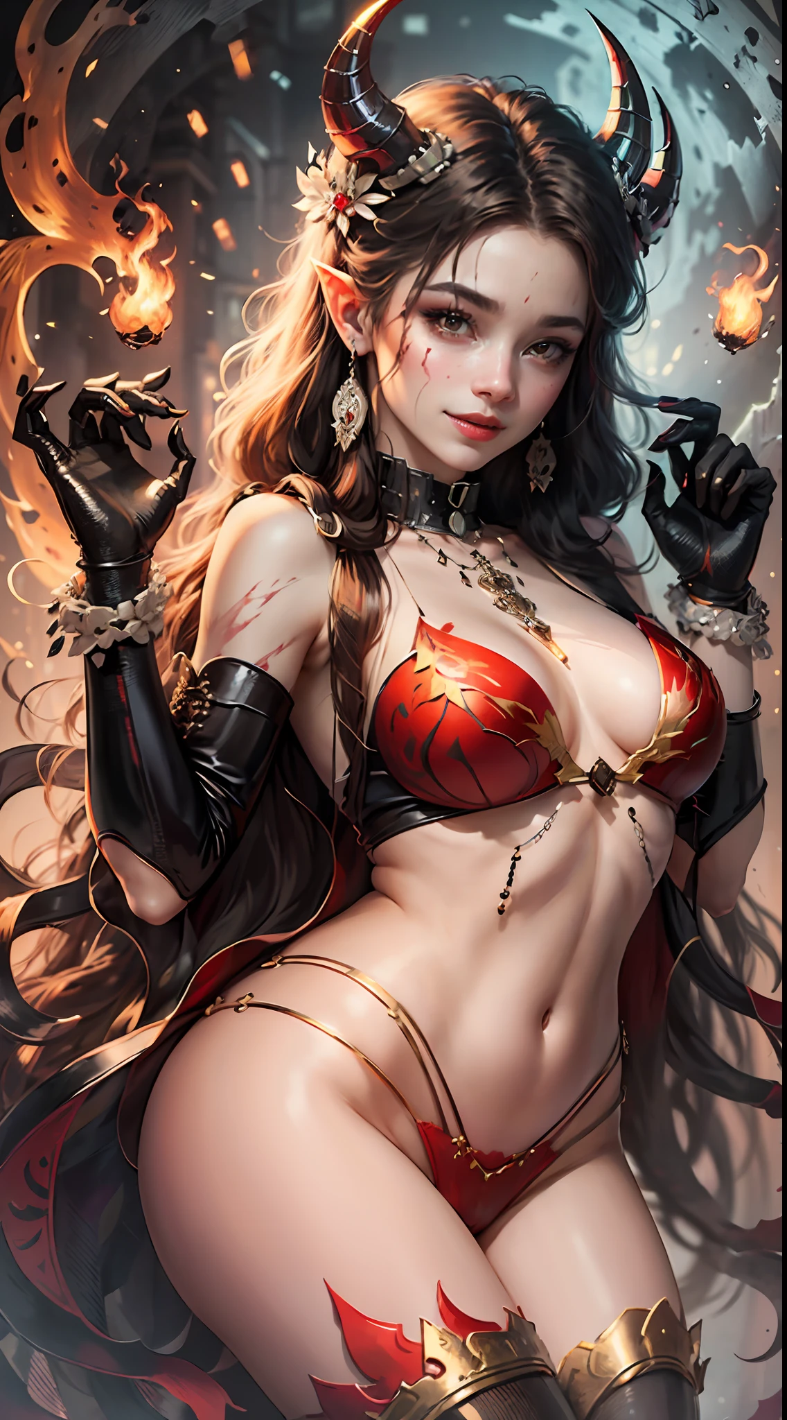 (masterpiece, top quality, best quality, official art, beautiful and aesthetic:1.2), (1girl:1.3), (fractal art:1.3),High resolution, in unified theory, in DMT effects, nganga, mamá chola palo mayombe left hand path Osha Seth Draconian by Lovecraft's, Artgerm by Marvel comics style, UHD, 4K, high vivid colored, high ilumination, Insainly detailed, best quality, expert artist, 1demon, ((red-skin demon)), breasts, claw_pose cleft_of_venus, sexy, seductive, sensual, femenine, (colored red _skin) cross_scar fang gloves groin, hair ornament, hood_down horns, (large breasts), long_hair, looking_at_viewer navel (red oni), pointy_ears,, red_oni red_skin, hell, single_glove dinamic pose, smile, solo, very_long_hair detailed_background white_ large hair, wrist_wrap --auto