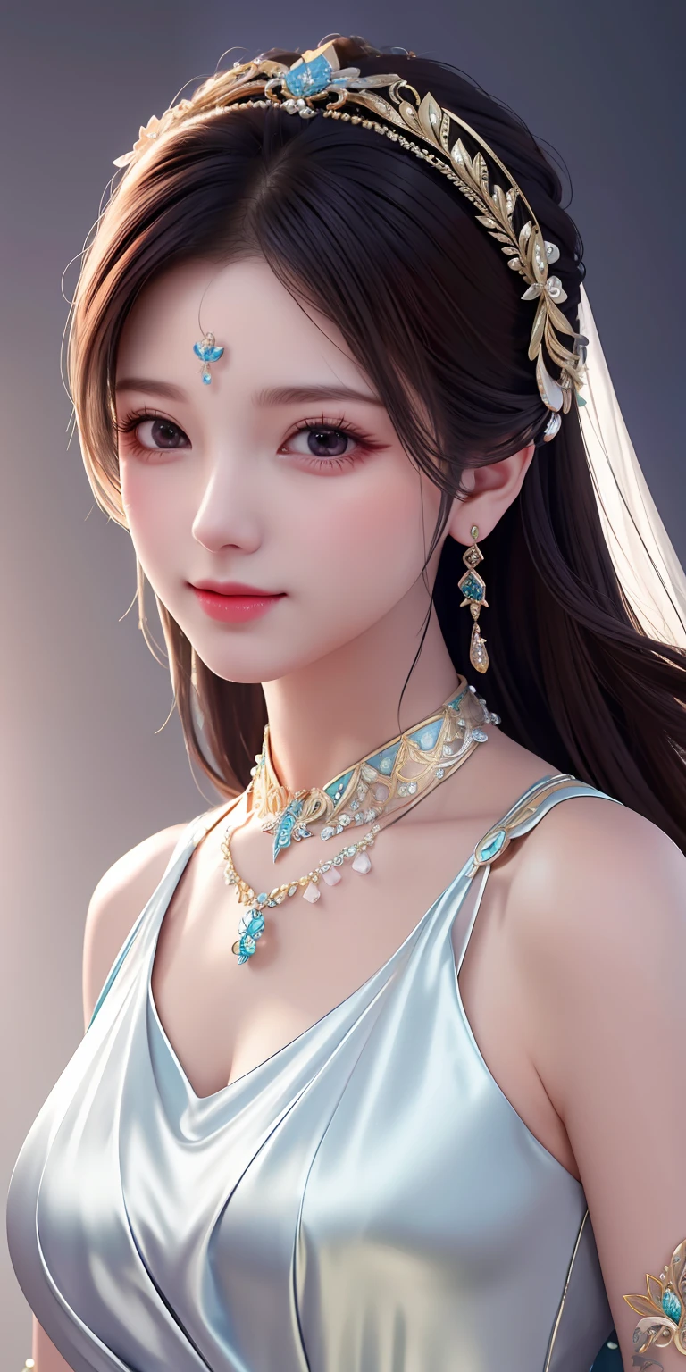 Best quality, masterpiece, high resolution, 1girl, clear silk porcelain dress, beautiful face, hair accessories, looking at the audience, smiling, close your mouth, lips, dress, hair accessories, necklaces, jewelry, long hair, earrings, beautiful face, on the body, Tindal effect, realism, dark studio, edge lighting, two-tone lighting, (high detail skin: 1.2), 8k UHD, DSLR, soft light, high quality, volumetric lighting, photo, high resolution 4K, 8k, blurred background