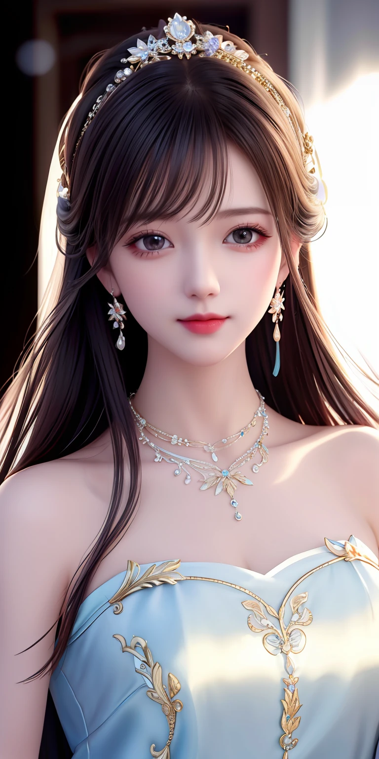 Best quality, masterpiece, high resolution, 1girl, clear silk porcelain dress, beautiful face, hair accessories, looking at the audience, smiling, close your mouth, lips, dress, hair accessories, necklaces, jewelry, long hair, earrings, beautiful face, on the body, Tindal effect, realism, dark studio, edge lighting, two-tone lighting, (high detail skin: 1.2), 8k UHD, DSLR, soft light, high quality, volumetric lighting, photo, high resolution 4K, 8k, blurred background