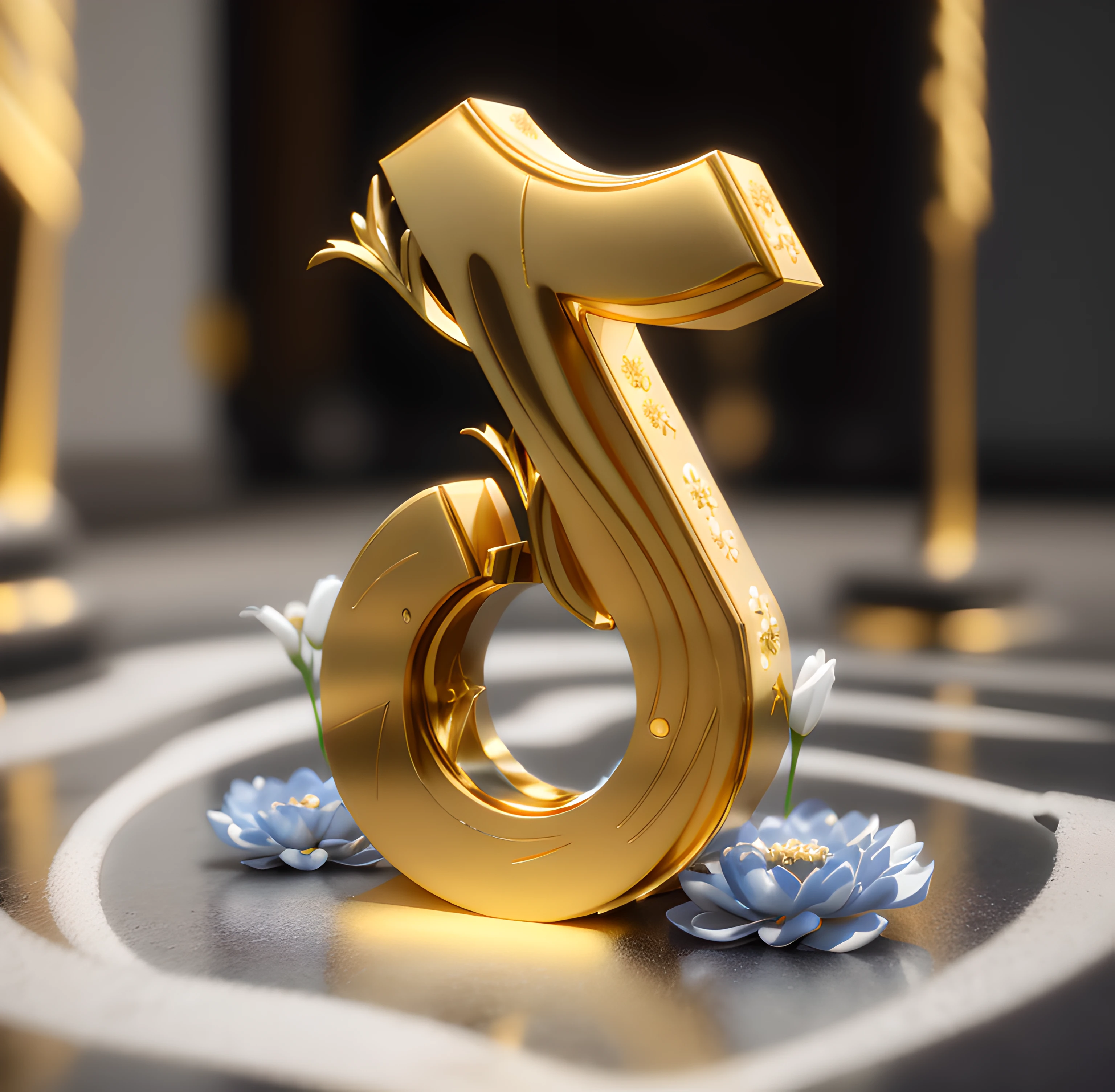 On the ground there is a white and gold figure,There are flowers on it, The letter D, Stylized 3D, 3 D 徽标, 3d 8k render, japonisme 3 d 8 k ultra detailed, Digital art, 3 d sculpture 8 k octane render, Delicate white and gold neon, golden number, behance 3d