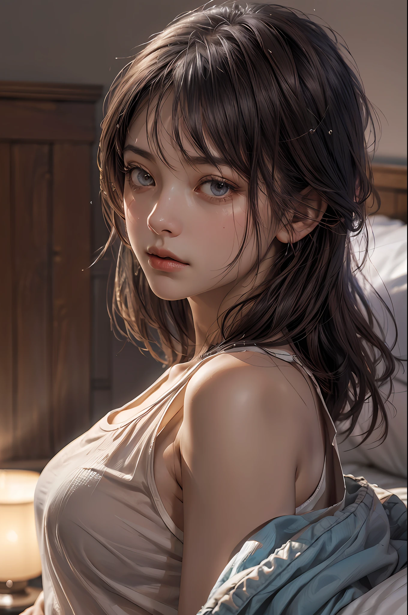 Dressed, (Photorealistic: 1.4), (Hyperrealistic: 1.4), (Realistic: 1.3), (Smooth Lighting: 1.05), (Improved Cinematic Lighting: 0.9), 32K, 1 Girl, Bed, 20 Year Old Girl, Realistic Lighting, Backlight, Face Lights, Ray Tracking, (Bright Light: 1.2), (Quality Improvement: 1.4) (Top quality realistic texture skin: 1.4), fine detailed eyes, detailed face, fine quality eyes, (tired, sleepy and satisfied: 0.0), T-shirt, (enhance the atmosphere of body lines: 1.1), (enhance the beauty of skin texture: 1.1), whole body