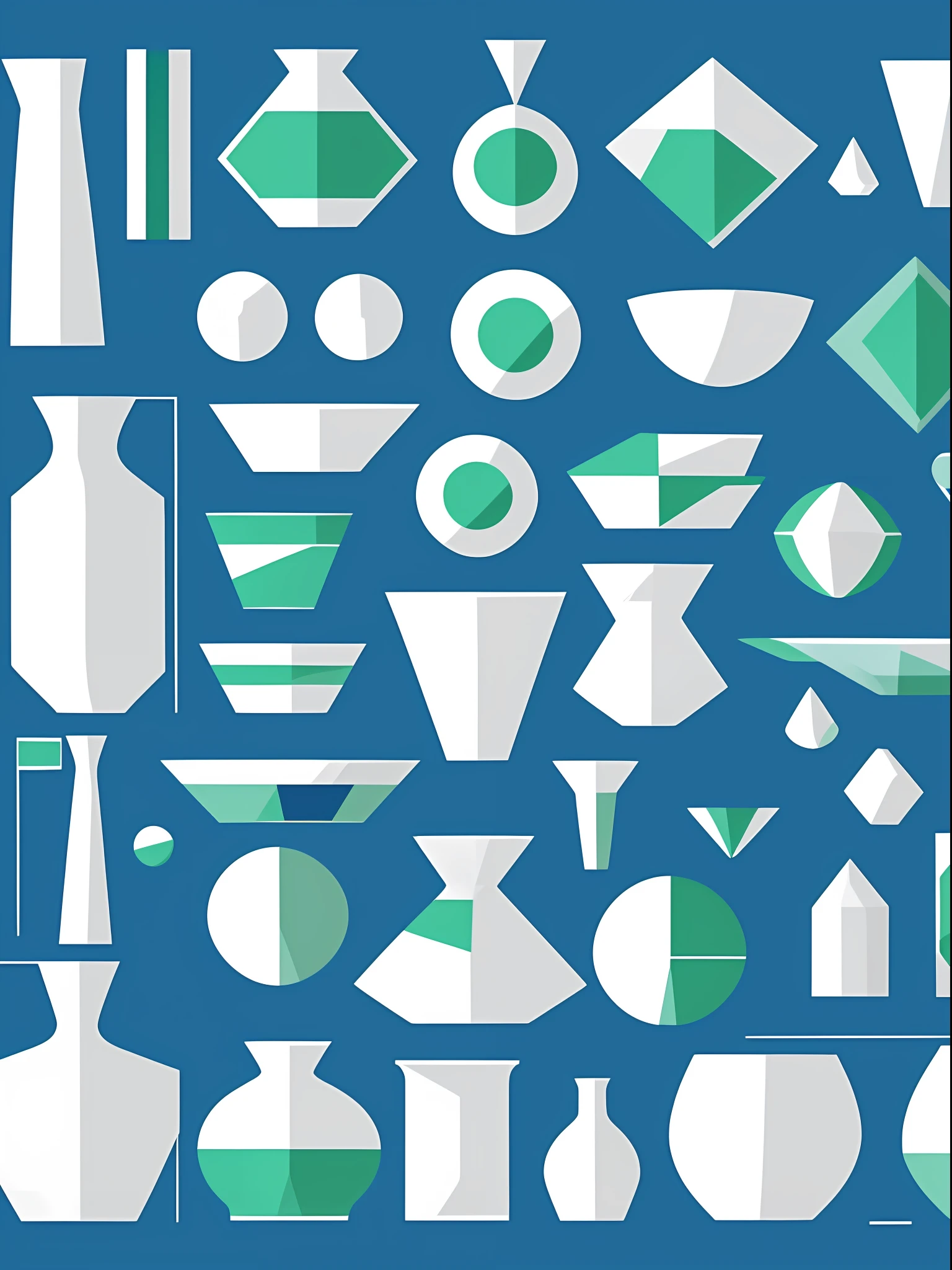 Graphic design,Flat pattern,((geometric figure)),vases,، simple,succinct,Blue, White and green,closeup cleavage,对称