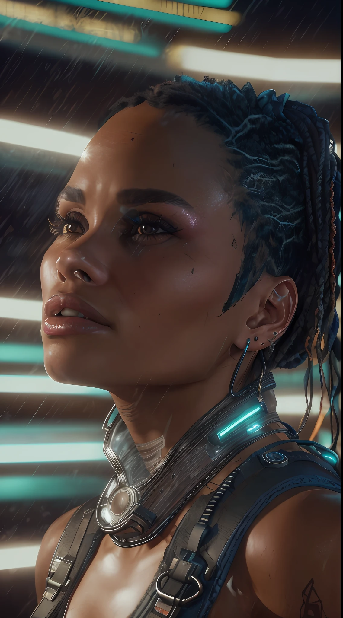 (8k, ARTISTIC photography, best quality, masterpiece: 1.2), RAW photo, a (potrait:1.2) of a woman of color, Cyberpunk night club wearing white spiked Tactical Harness (((zoë kravitz))) (highly detailed skin:1.2), 8k uhd, dslr, soft lighting, high quality, film grain, Fujifilm XT3, staring at the camera in front, wild Black hair, ((dynamic pose))) over-detailed face,, beautiful body, Voluptious body, heavy metal amour, spikes, 8k uhd, zoë kravitz, SLR camera, soft lighting, high quality, film grain, Arri Alexa mini , , Cinematic lighting, octane render, cinematic lighting, complex, 8k resolution concept art portrait , edgerunner, blade runner, Cyberpunk 2077, hyperrealistic, photo awesome, gritty, realistic, (((pure 8K))), (((perfect anatomy))), extremely high-quality graphics, Riddley Scott, Blade Runner, Denis Villeneuve, (((cinematic lighting))), ((clear details)), complex, highly detailed background, --auto