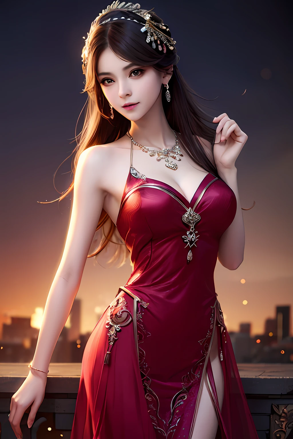 Best quality, Masterpiece, A high resolution, 1girll,china dress,hair adornments,necklace, jewelry,Beautiful face,after sexing_Body, Tyndall effect,Photorealistic, Dark Studio, rim lit, twotonelighting,(highdetailskin:1.2), 8K  UHD, Digital SLR, Soft lighting, High quality, voluminetric lighting, candid, photographed, high resolution, 4K, 8K, Bokeh,  .Jinstyle,  Building