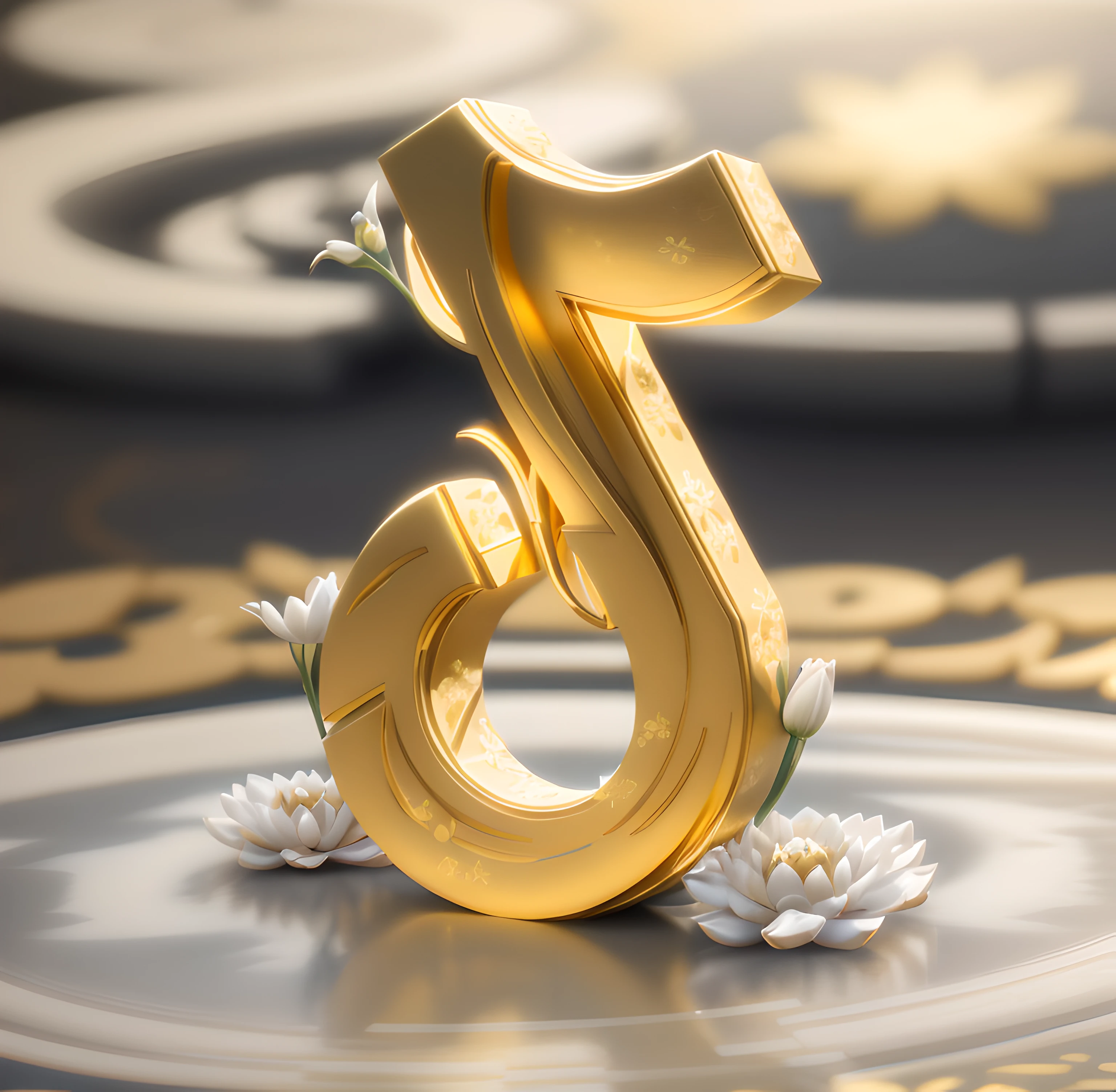 On the ground there is a white and gold figure，There are flowers on it, The letter D, Stylized 3D, 3 D 徽标, 3d 8k render, japonisme 3 d 8 k ultra detailed, Digital art, 3 d sculpture 8 k octane render, Delicate white and gold neon, golden number, behance 3d,Golden lotus:1