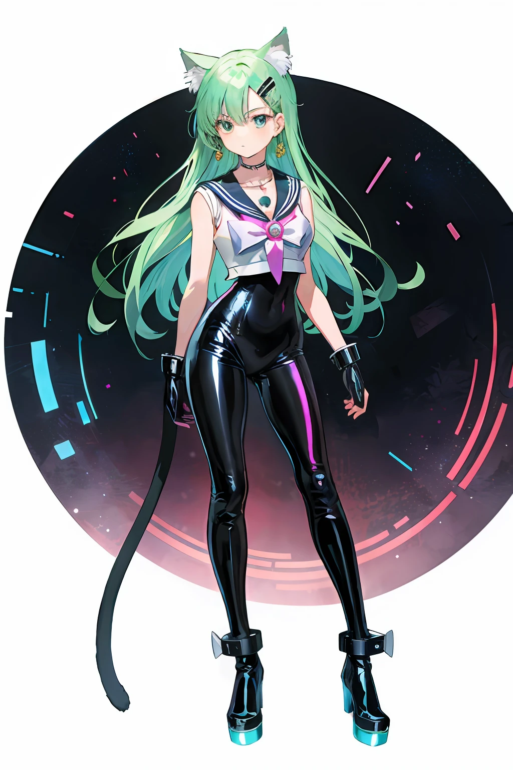 anime girl, long green hair, blue eyes , cat ears, black latex body suit, magical girl style, punk, hair clips, full body spike collar, , cat tail ,sailor moon boots, rainbow, necklace, holographic, airbrush style, dominatrix ,standing pose,front facing