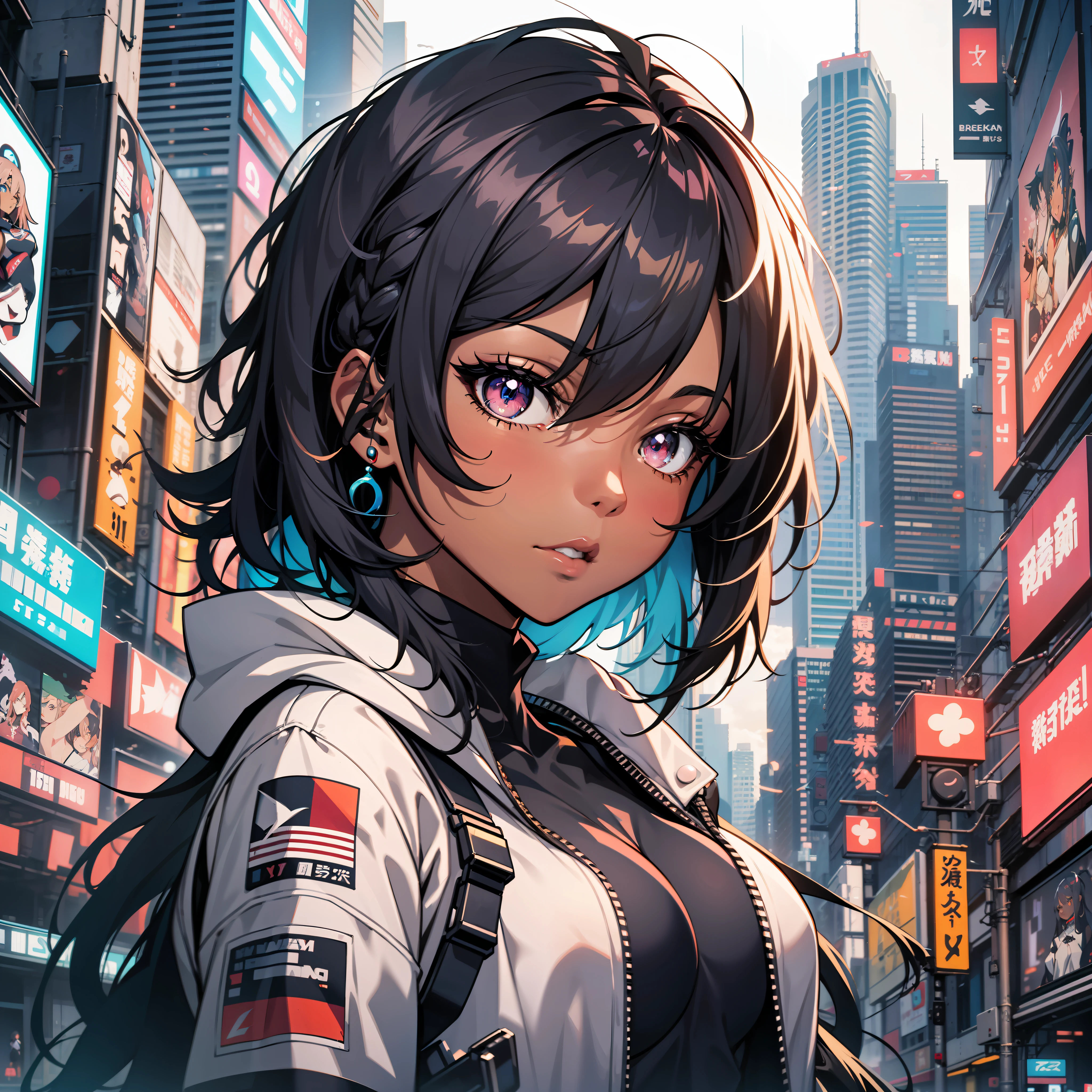 ((Black skin African)) anime girl in a city with a street sign in the background, digital cyberpunk anime art, digital anime illustration, cyberpunk anime girl, detailed digital anime art, trending on artstation pixiv, stunning anime face portrait, digital cyberpunk - anime art, detailed portrait of anime girl, digital anime art, beautiful anime portrait, cyberpunk anime art, anime style portrait, anime styled digital art