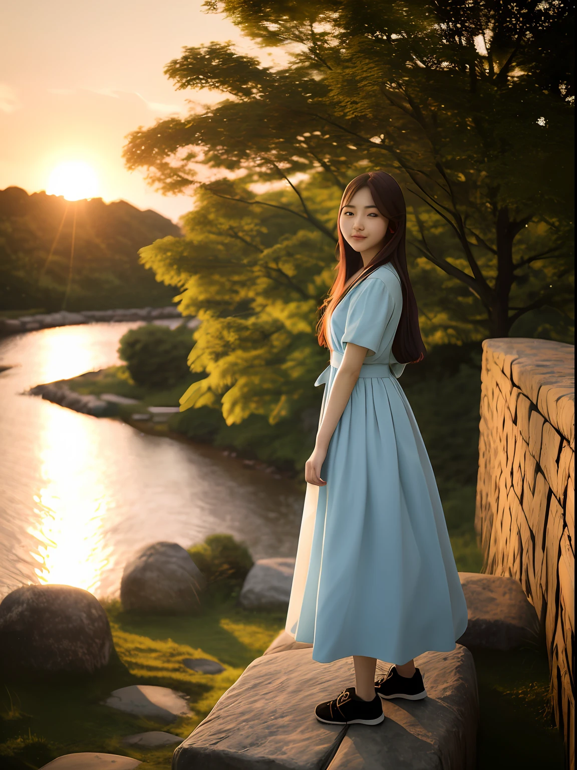 There was a woman standing on a stone wall by the river, Shin Jinying, hot with shining sun, Korean girl, Official artwork, beautiful Korean women, sakimichan hdri, trending on cgstation, jaeyeon nam, With sunset, Summer evening, high detal), trending at cgstation, shot at golden hour, Casual pose, nice afternoon lighting