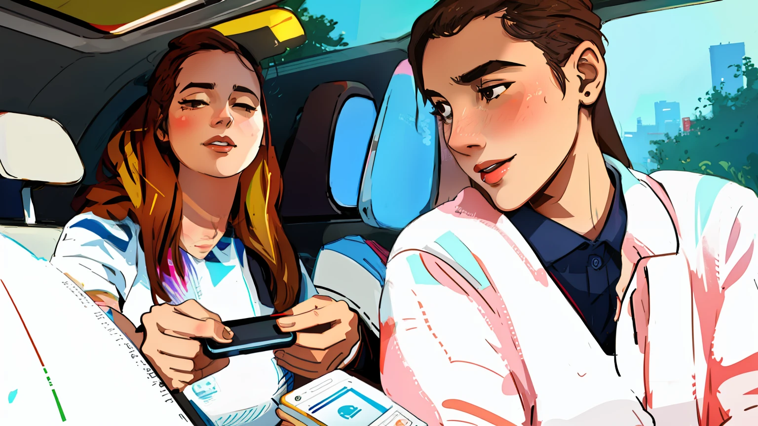 wireframes，Thick strokes，handpainted，Woman holding her phone with her hands crossed，Women play games，pay，cabs，Two people in the car