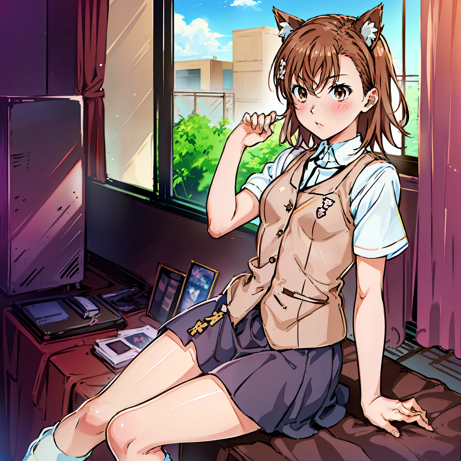 1girl, solo, misaka mikoto, short hair, brown hair, brown eyes, tokiwadai uniform school, fake ears animal, cat ears, blush, sitting, skirt short, tail, socks,