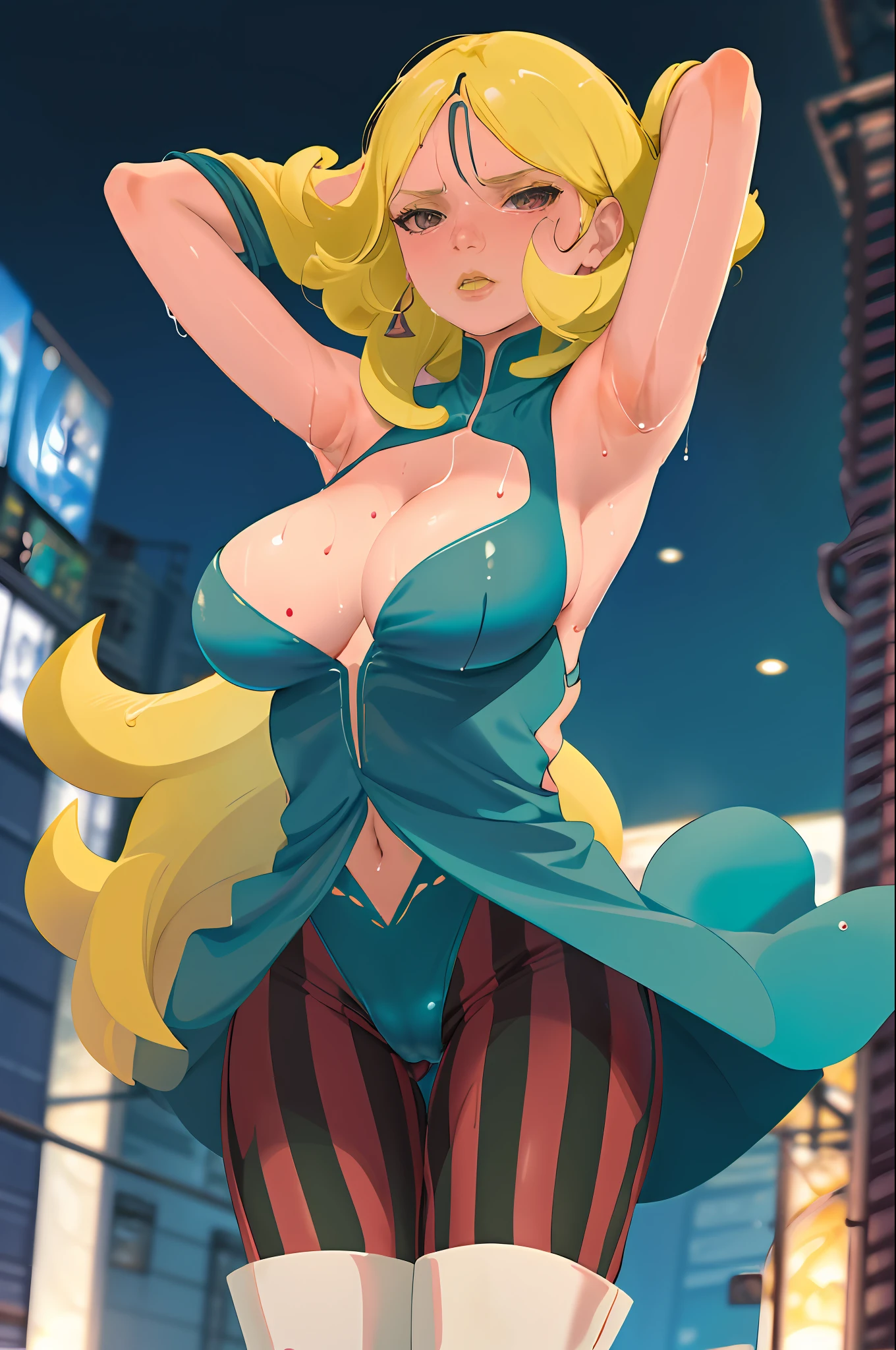 A sexy woman,Erotic emoticons,Wet,Delicate big,big assa,Big breasts Thin waist,Sweat,Put your hands behind your head,Exposing armpits,Delicate armpits,Camel toes on the crotch,bunnygirl,The background is the city