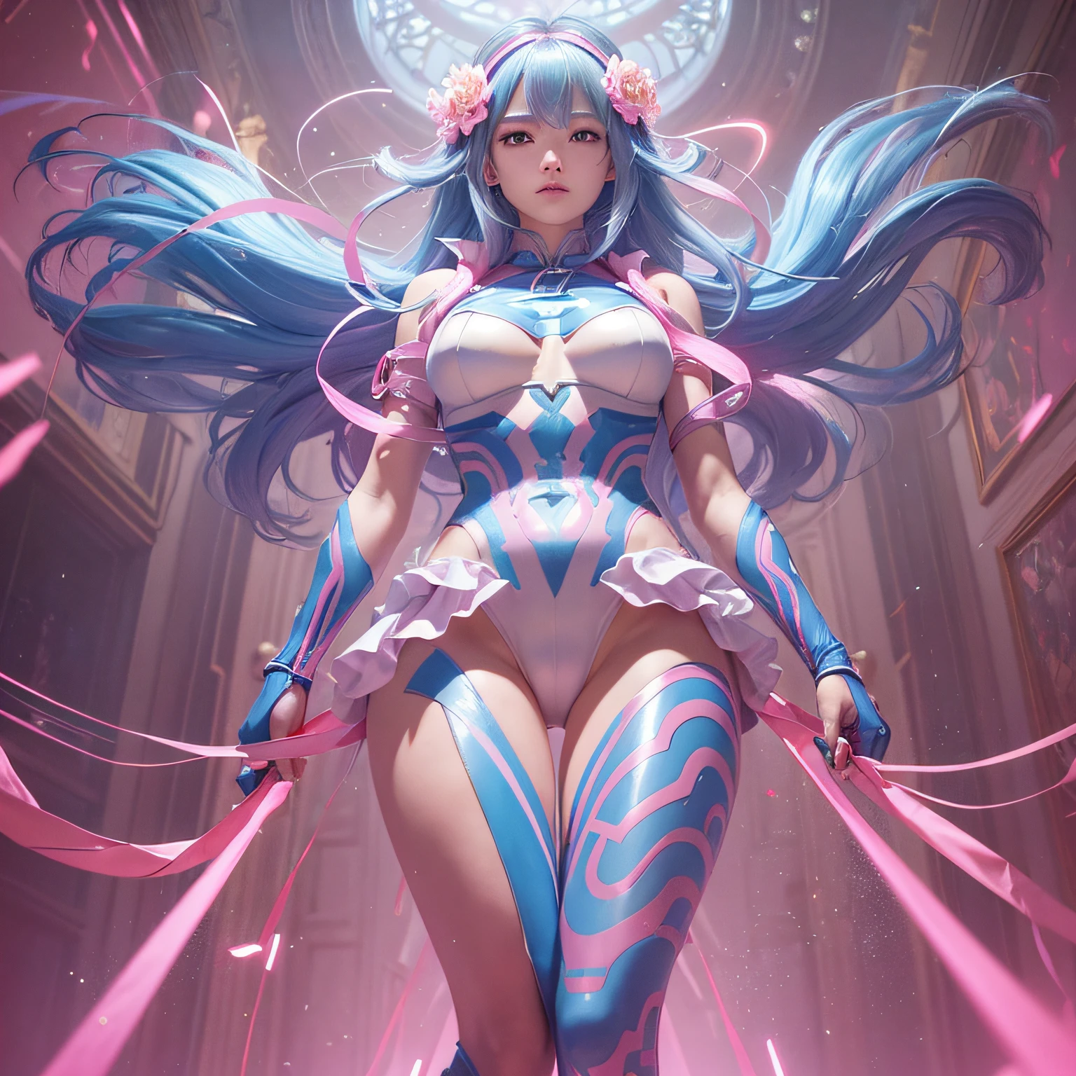 Nawa Kohei、(Pink and azure)、Lightning speed、Neon Art、Cyber Girl,undulation、Elaborate metallic bones、Ayako Rokkaku、Painting, Frescoes、Double helix,foam, Best Quality, masutepiece, 超A high resolution, Intricate details, Mystical、Romanesque、Luminescent LED、Dutch Angle,Good anatomy)、power of the god、From below、Complex body poses