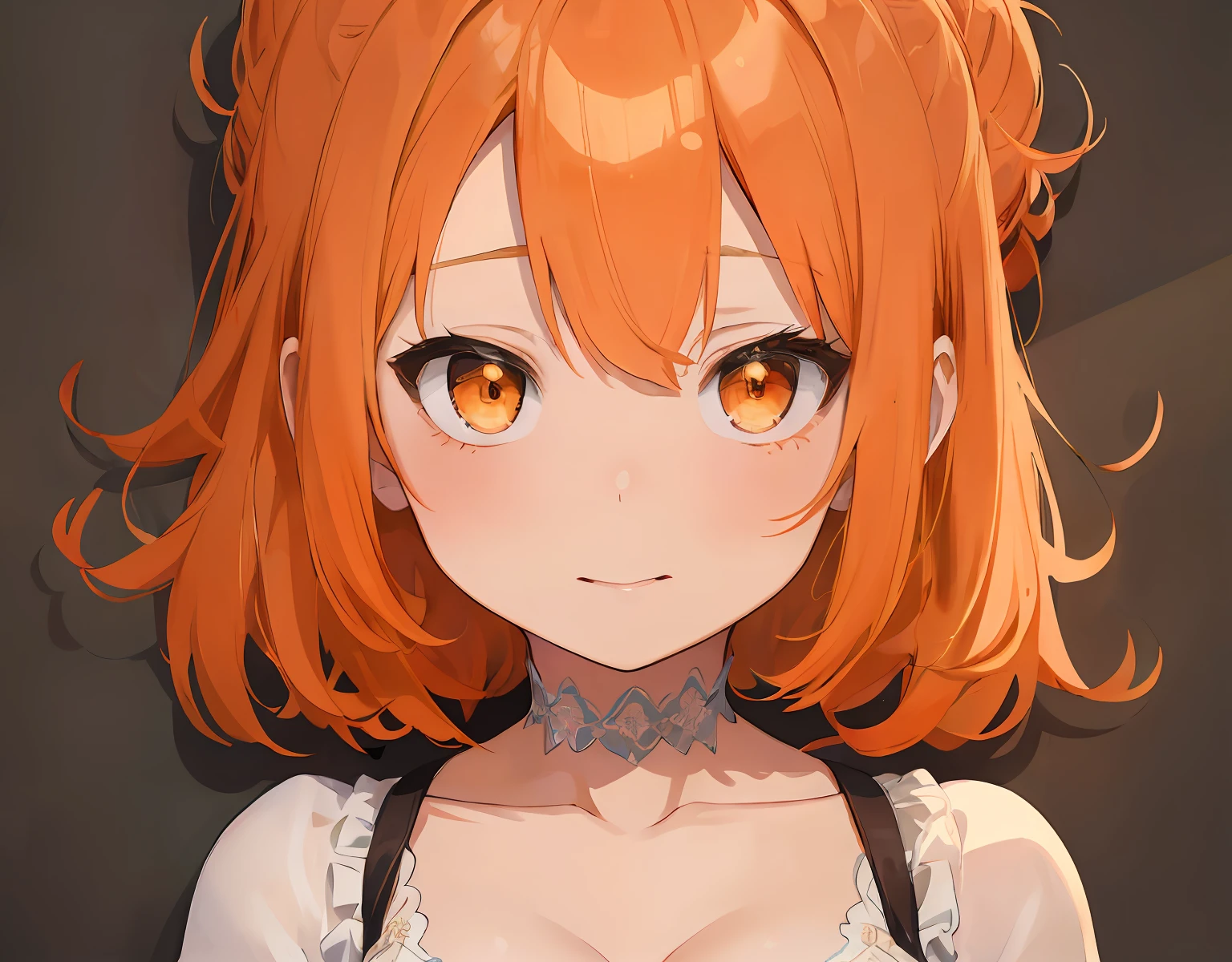 masterpiece, best quality, ultra-detailed, illustration, an extremely delicate and beautiful, cute, 1girl, solo, orange hair, brown eyes, simple background, upper body, bust up shot,, beautiful clavicle, cleavage cleavage