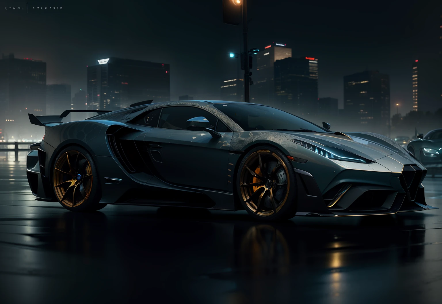 white fantasy punk car style, Photo realistic future supercar design by Leonardo DaVinci, Masterpiece, low styling gold starry headlights in white and gold patterns with lilies, side view portrait, 16k resolution concept art portrait by Leonardo DaVinci, intricate details, highly detailed;, dynamic lighting hyperdetailed intricately detailed, filagree, DaVinci knots, Splash art trending on Artstation triadic colors Unreal Engine 5 volumetric lighting, whole car intertwined body panels, overlay, side view of a sleek flat white future design supercar by Leonardo DaVinci, with flat white and gold filigree accents car body panels, illuminated by a , rainy night sky, and Scandinavian design 8k resolution, photorealistic hyperdetailed landscape view in the background, perfect for automotive photography, blue glass diamond wheel design front end designed by Degas, Chip Foose . --auto