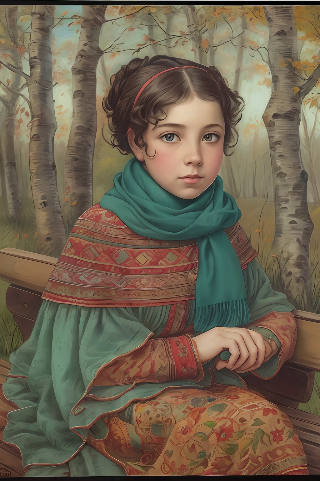 [portraite of a:young girl, blushful, in an elegant scarf:16] scenery, russian village, Sitting on a bench by a birch tree, Russian paraphernalia, improvisation, 19th century, ((Todd Schorr's style )), hyper-detailing, Deep drawing of the plot, /rot:0.2/blau:0.2/chlorine:0.2/gris:0.2,