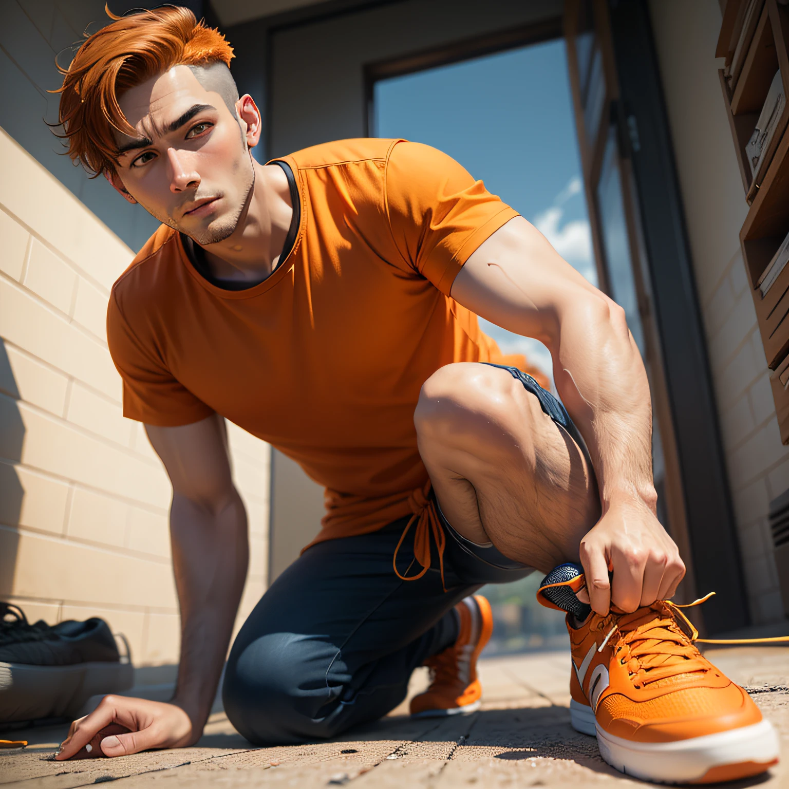 "Comic-style illustration with a low camera angle capturing a man wearing orange shirt tying shoe laces using a wide-angle lens."