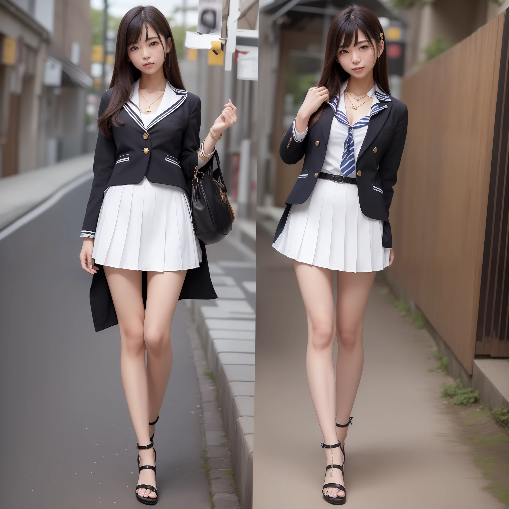 ((top-quality、in 8K、masterpiece:1.3))、1girl in、(realisitic、Photorealsitic:1.37)、(physically-based renderingt、Emphasis on balance、gold)、Shy smile、fullllbody、FULL BODYSHOT、Slightly slimmer face、Pretty women、A Japanese Lady、28age、hyperdetailed face、Neat face、Detailed eye、二重まぶた、long lashes、Near and far law、Beautie、cute little、Smaller face、D-cups、Small buttocks、A sexy、bewitching、adult-like、Girls' High School Uniform、a sailor suit、Blazer Uniform、Raw feet、beauty legs、long legged、Panchira、high-heels、耳Nipple Ring、a necklace、A bracelet、anklets、atlibrary,
