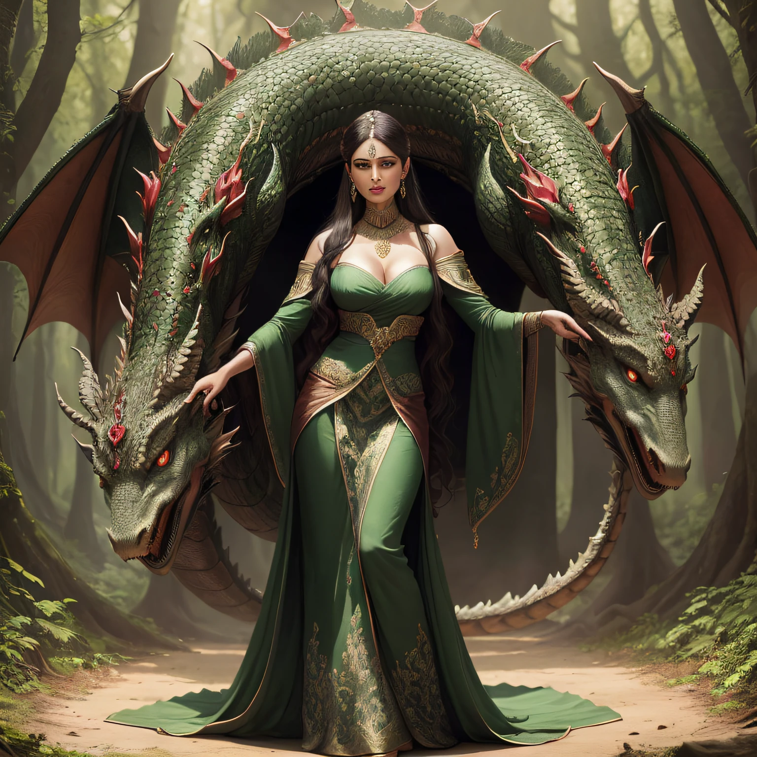 asterpiece,best quality,(realistic:1.3),(photorealistic:1.4) green forest ,dark ,,red eye, royal jewellers ,face ,woman, beautiful woman , full body, with dragon clothes, tail ,beautiful face jewellers --auto