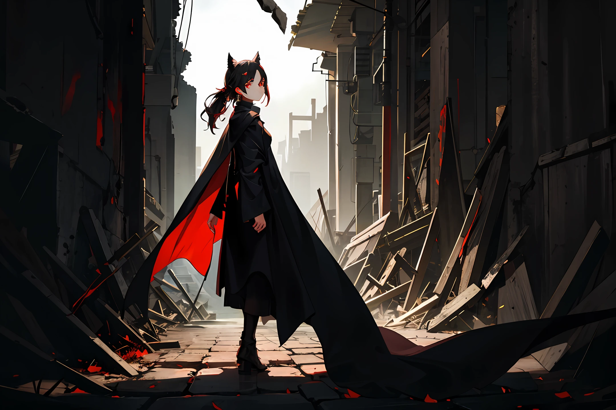 Face away from the camera,Feet on ruins,Face sideways to look at the camera,wearing black clothes,A black cape is draped over the back,There was a little red light in his eyes,Red eyes with a mask on her face