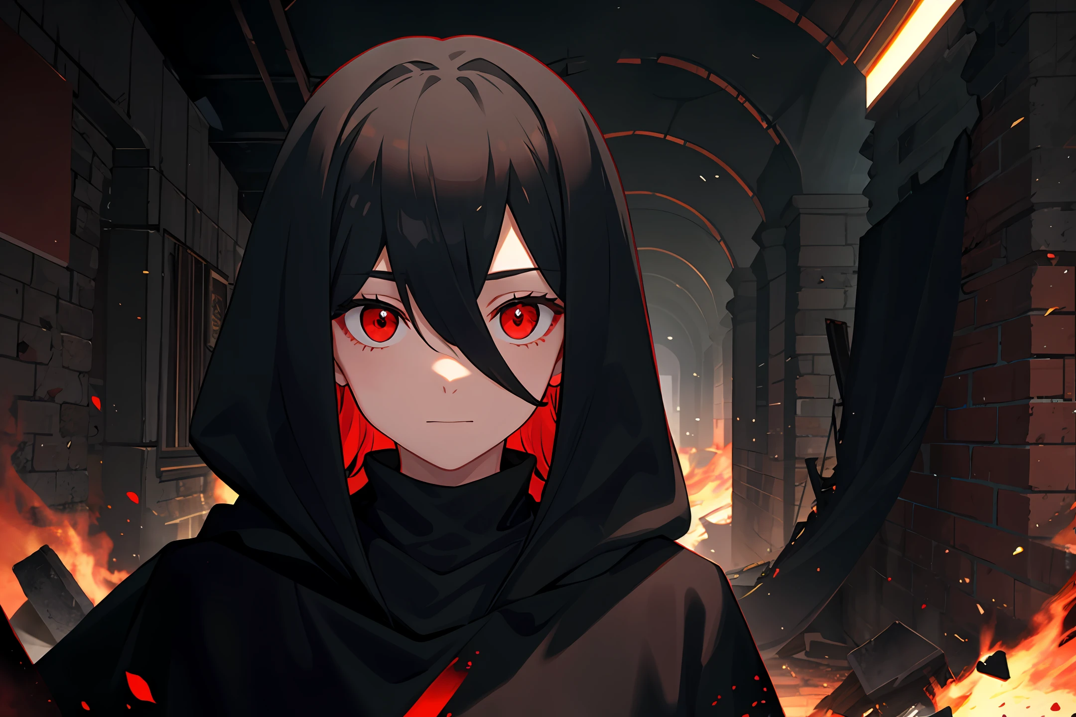 Face away from the camera,Feet on ruins,Face sideways to look at the camera,wearing black clothes,A black cape is draped over the back,There was a little red light in his eyes,Red eyes with a mask on her face