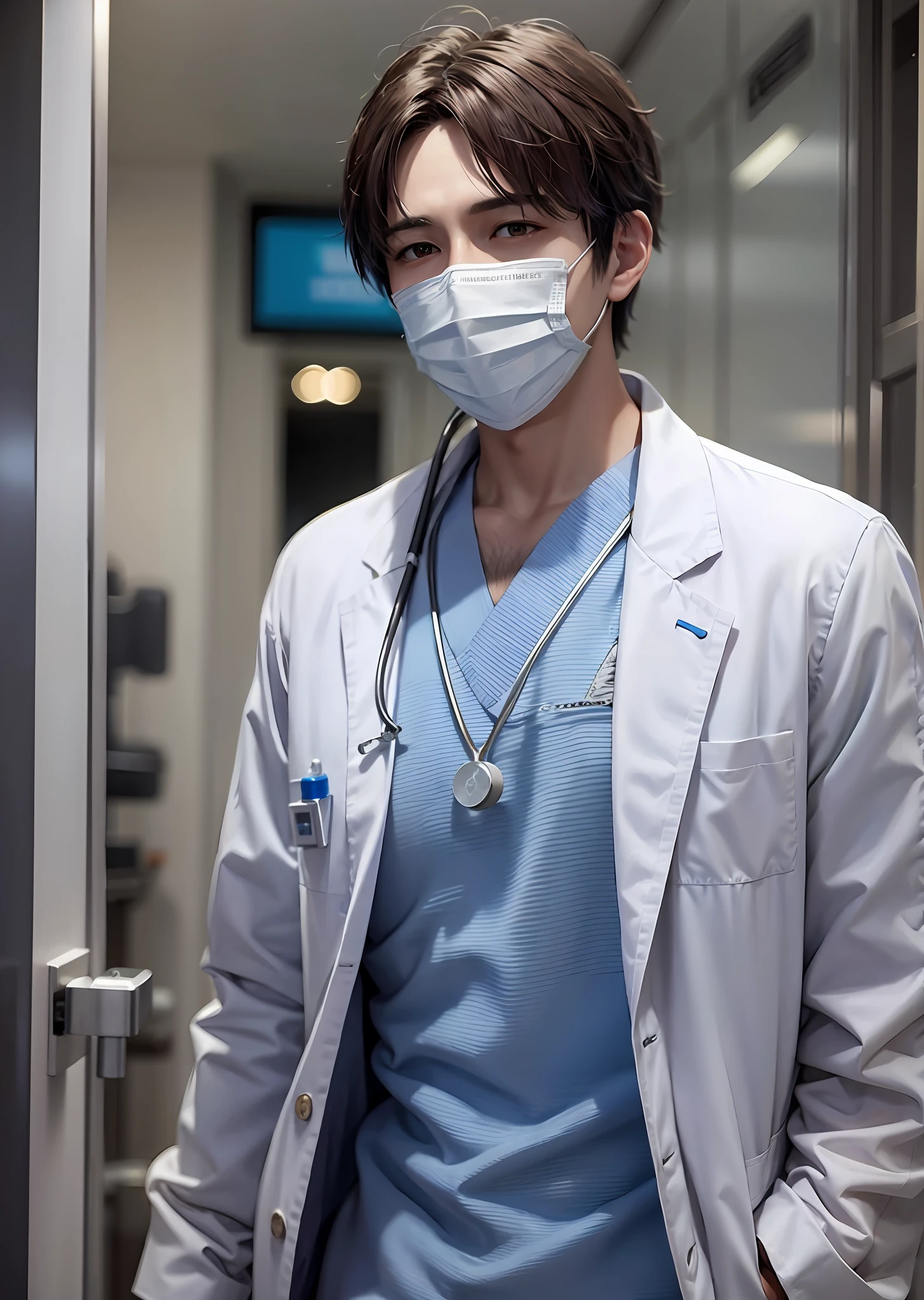 Dr. Arafod in a white coat and blue frosted suit, brush cut,brunette color hair,doctor, male physician, the doctor, with a stethoscope, hqr, healthcare worker, Hospital office background,, Shin Jinying