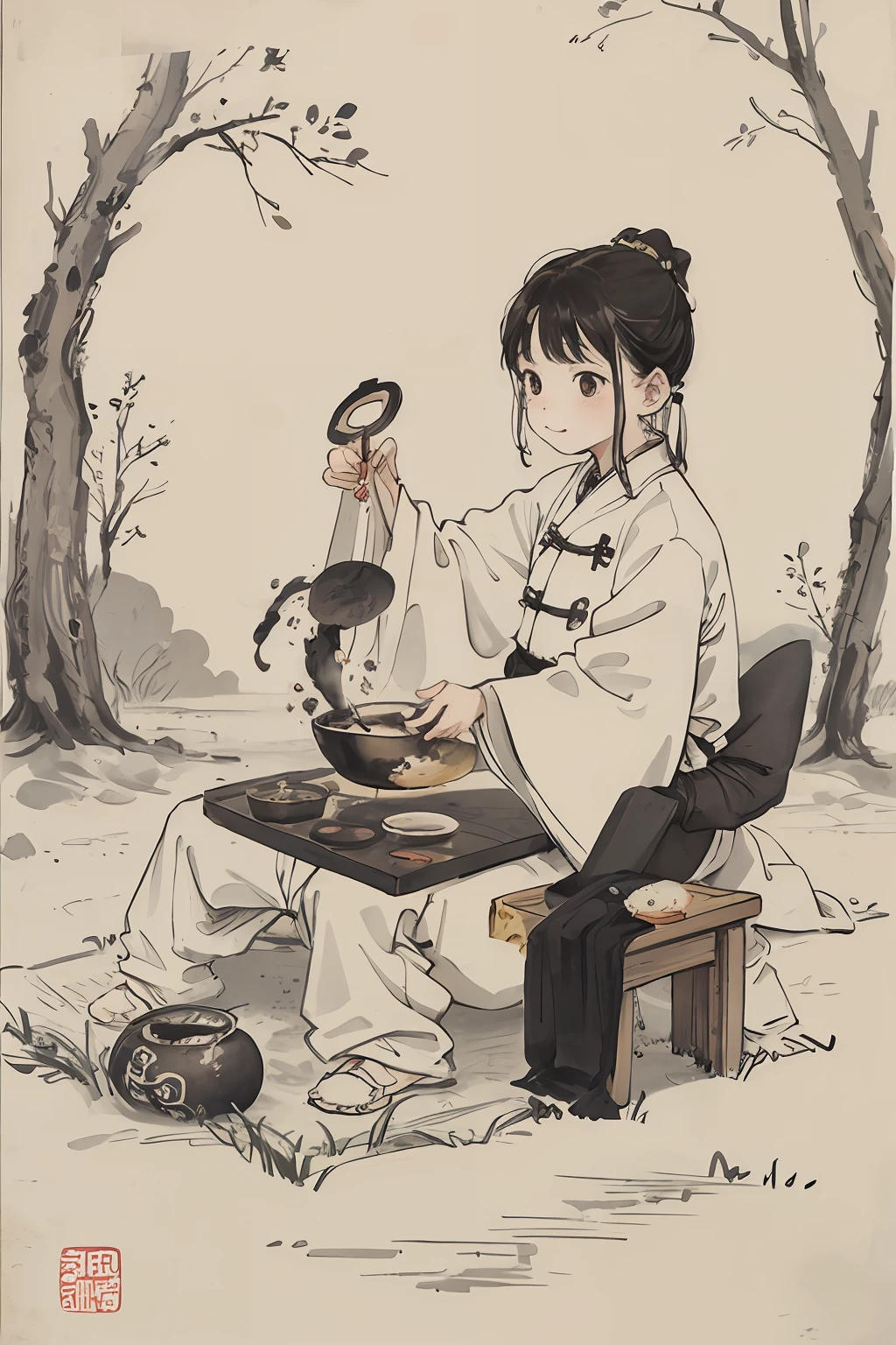 (tmasterpiece,best qualtiy:1.2),Tradition Chinese Ink Painting,Childlike,younge boy,Food elements