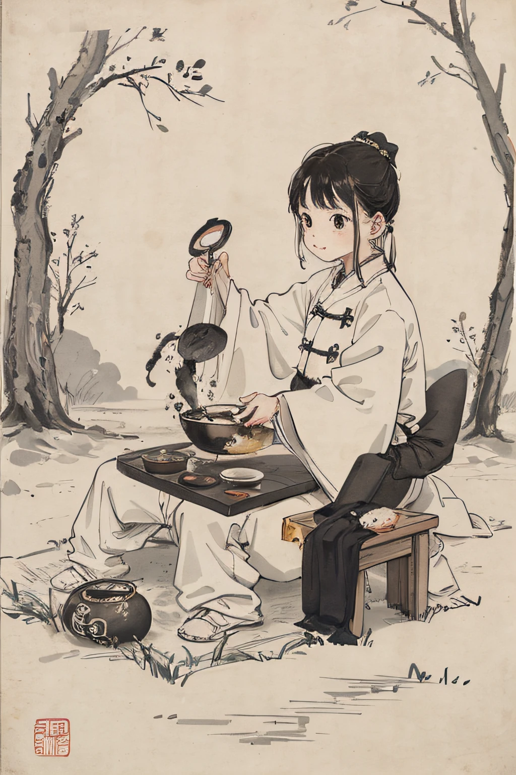 （tmasterpiece，best qualtiy：1.2），Tradition Chinese Ink Painting，Childlike，younge boy，Food elements