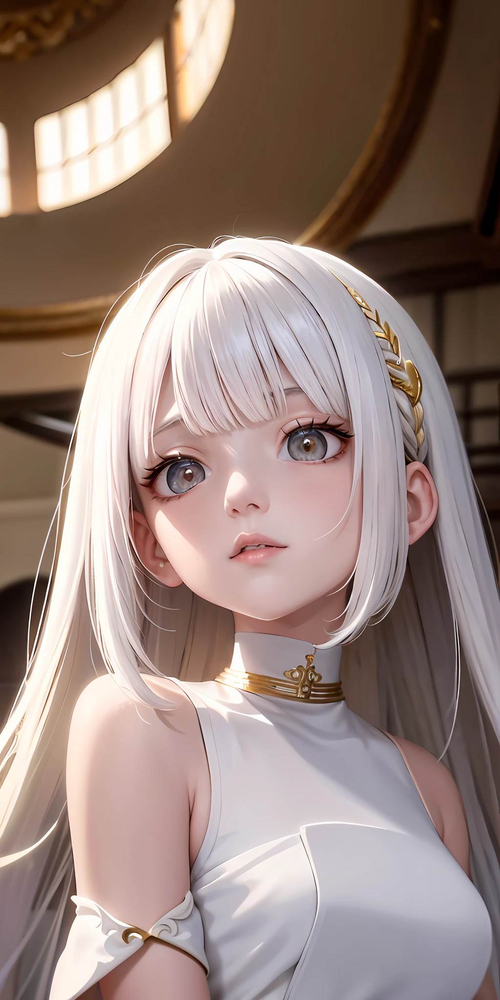 best quality, masterpiece,white hair, gold eyes,white clothes, looking up, upper body,hair strand,Fair skin,side braids