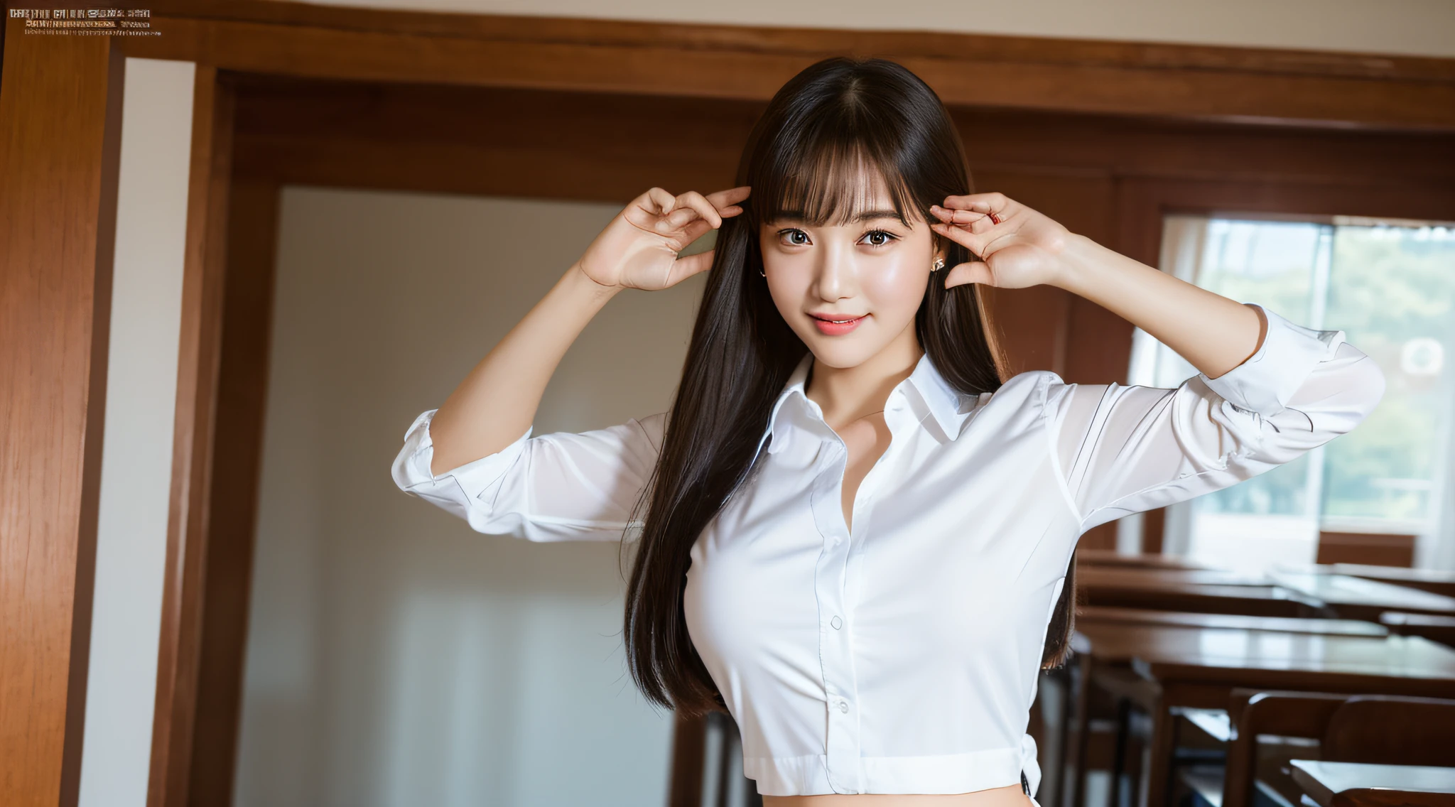 Highly detailed 8K wallpapers),Clear focus,A detailed,dramatics,white shirt,Superskirt,Raised sexy,ssmile,peeking at the viewer,Beautiful graphics,bright schoolhouse,Full of students,Upper body is shown,。