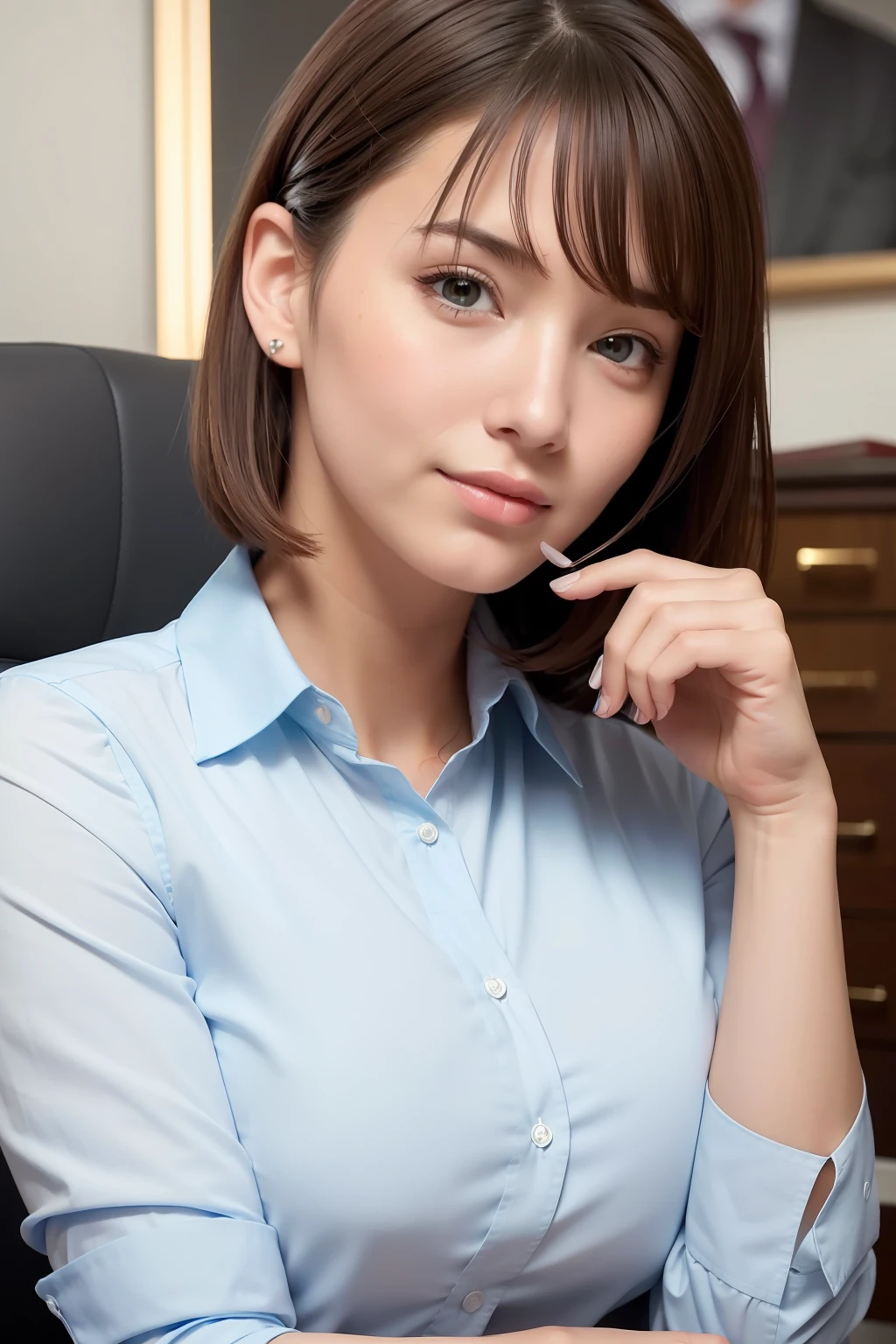 (8k, best quality, masterpiece:1.2), (realistic, photo-realistic:1.37), ultra-detailed, 1 girl,cute, solo,beautiful detailed sky,detailed office,night,sitting,(nose blush),(smile:1.15),(closed mouth) , medium breasts,beautiful detailed eyes,(collared shirt:1.1), night, wet,business attire, rain, (short hair:1.2), pureerosface_v1, computer, detail finger, beautiful detailed face,