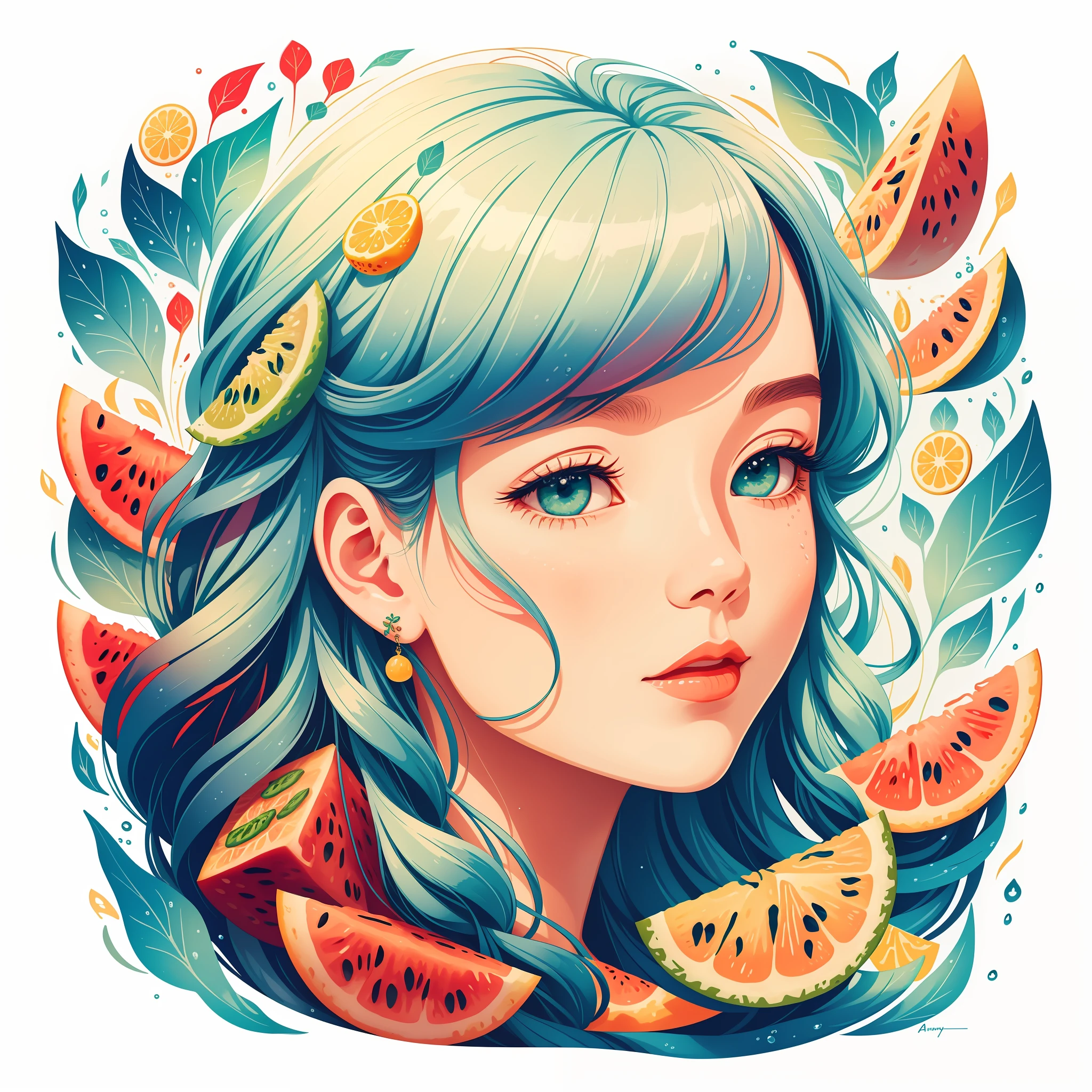 （illustratio：1.3）Common burger posters，（by Artist Anna Dittman：1），（（（tmasterpiece））），（（（best qualtiy））），（（ultra - detailed）），（Detailed light），（（Extremely refined and beautiful）），  （（（white backgrounid）））、The light and shadow are soft、white colors、amarelo、blue colors、red colour、green color、Lively girl、Lots of patterns、complex patterns、lemons、pineapples、grapes、water melon、（（（Stay within boundaries、closeup of face）））
