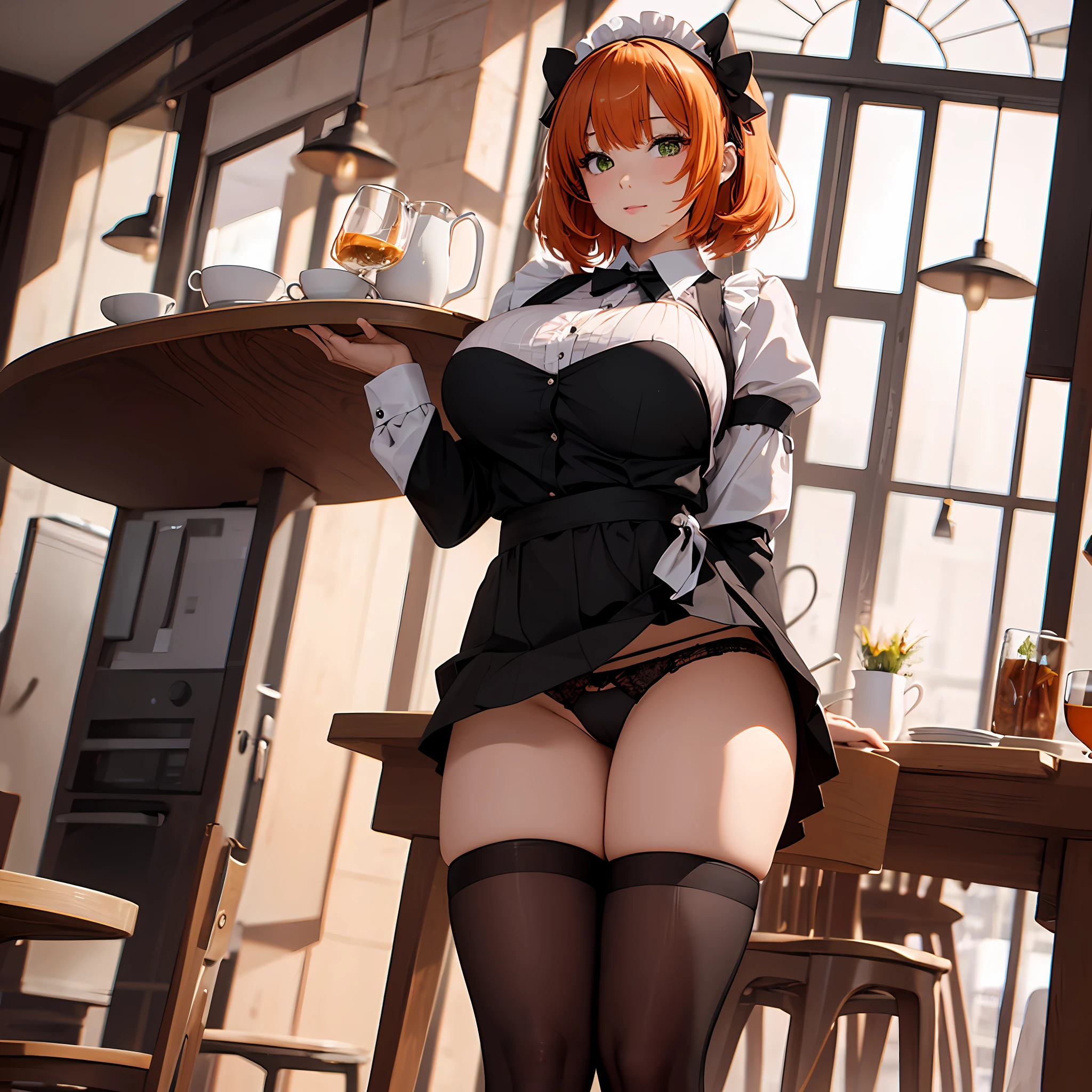 /draw ai_generated curvy_body curvy_female curvy_figure The average cup size female_only huge_breasts looking_at_viewer +maid solo_female solo_focus stable_diffusion waitress orange_hair green_eyes lifts the skirt showing black panties legs in pantyhose --auto